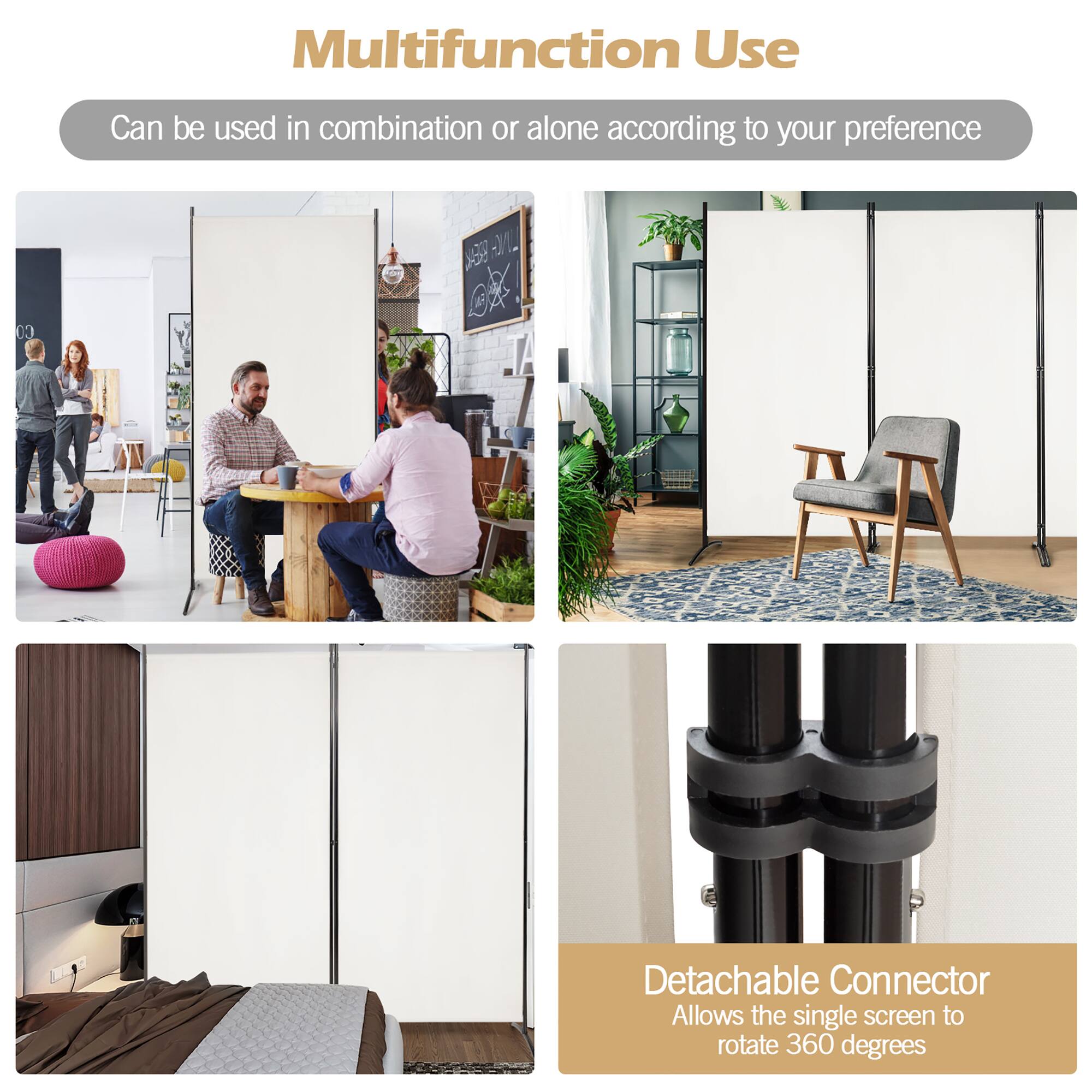 Multifunction Use  
Can be used in combination or alone according to your preference  

Detachable Connector  
Allows the single screen to rotate 360 degrees