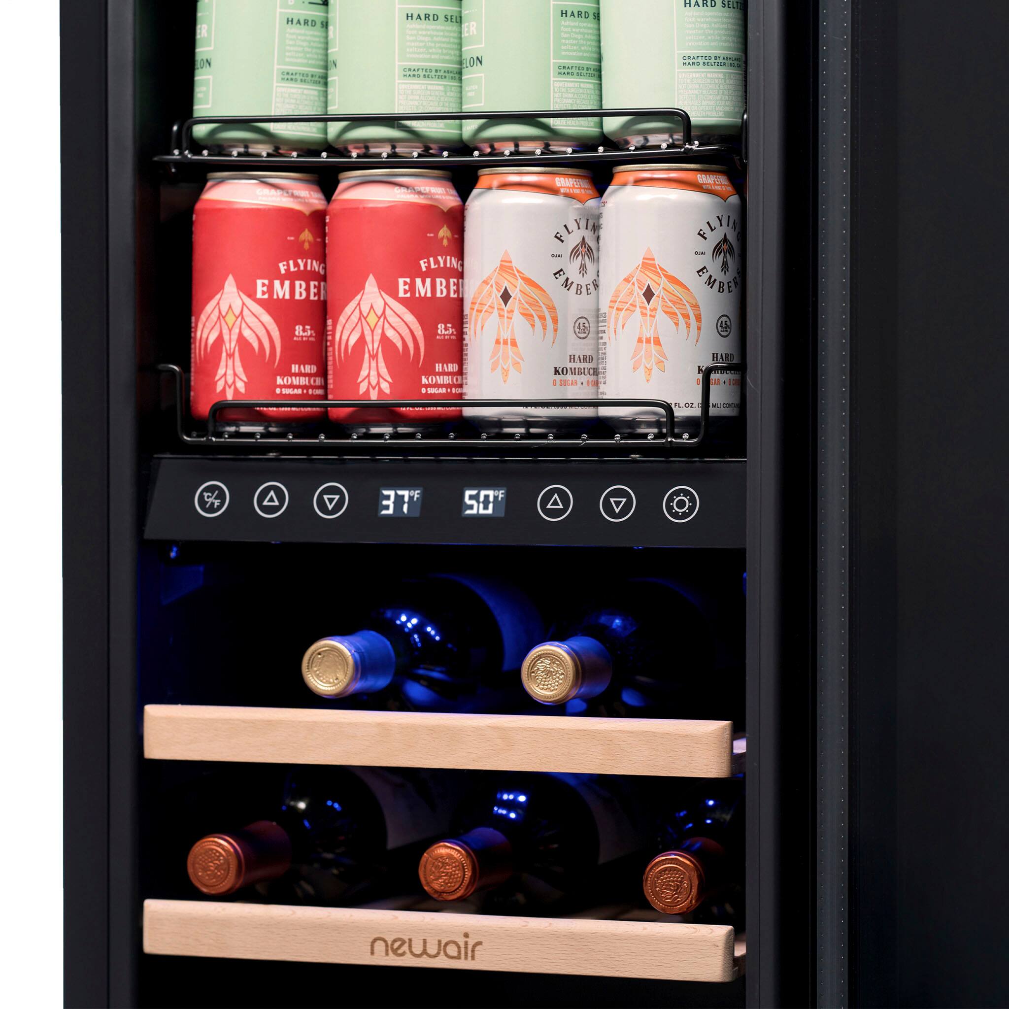 Left. NewAir - 13-Bottle and 48-Can Built-in Dual Zone Beverage Cooler with SplitShelf - Black Stainless Steel.