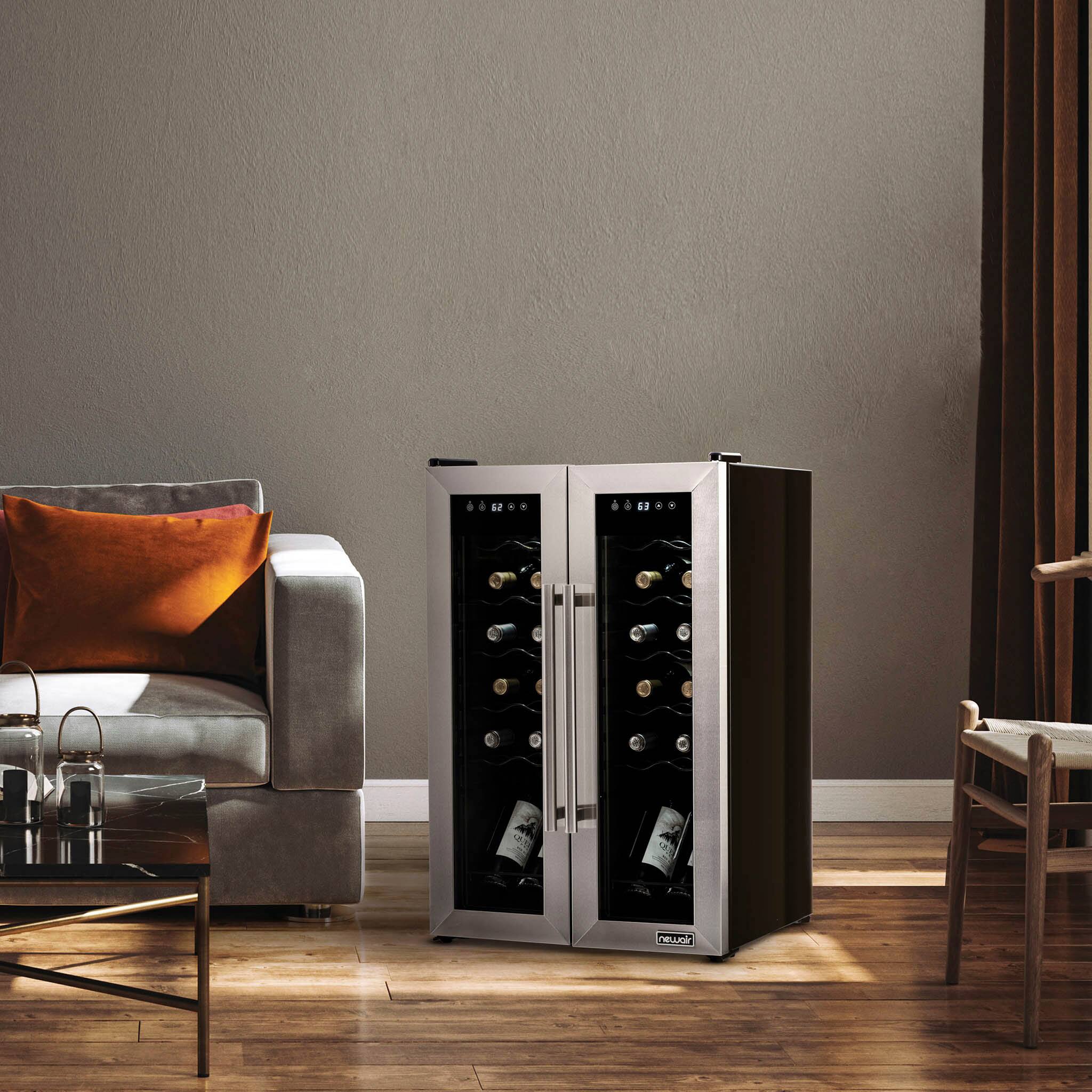 Angle. NewAir - 24-Bottle Dual Zone Wine Cooler with French Doors - Stainless Steel.