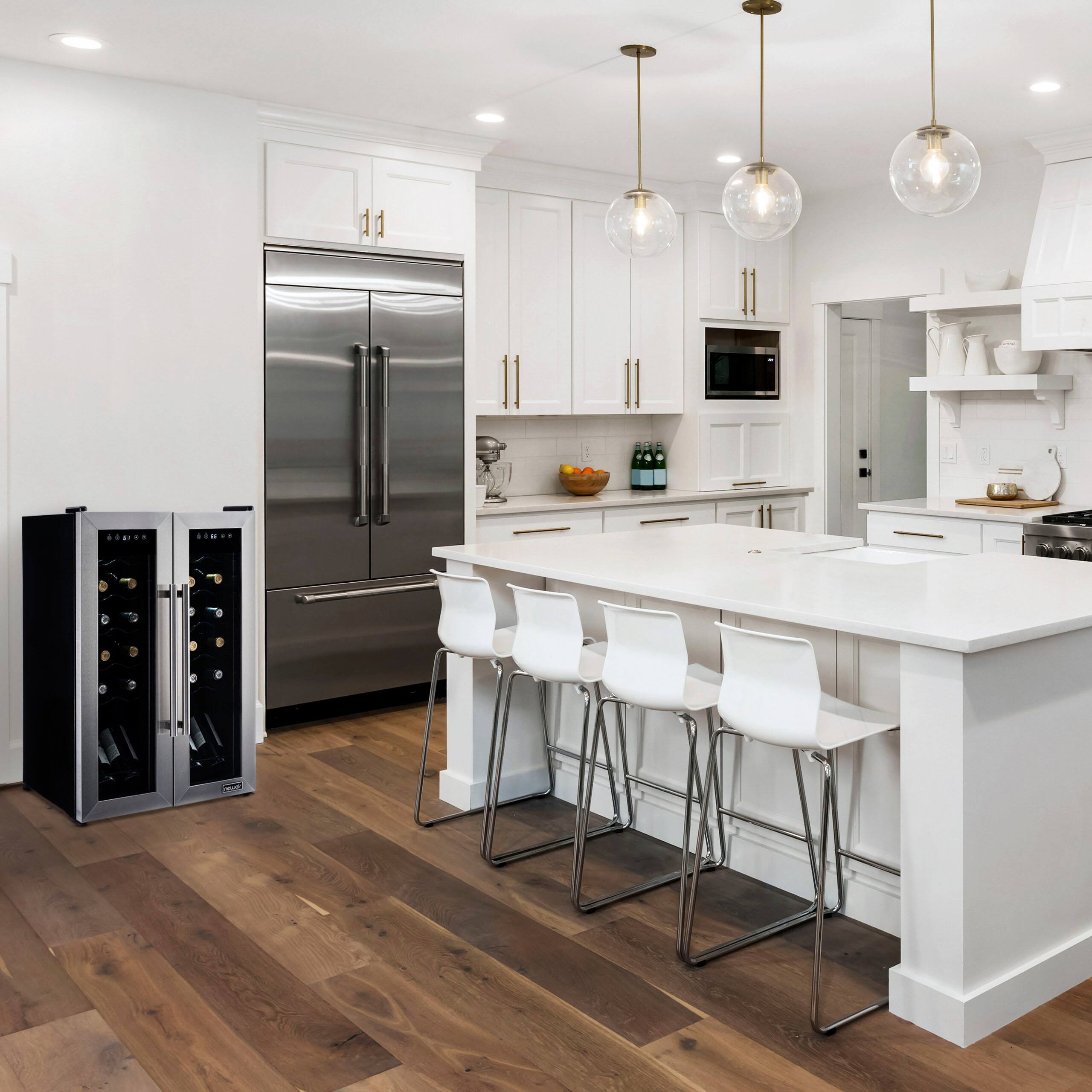 Left. NewAir - 24-Bottle Dual Zone Wine Cooler with French Doors - Stainless Steel.