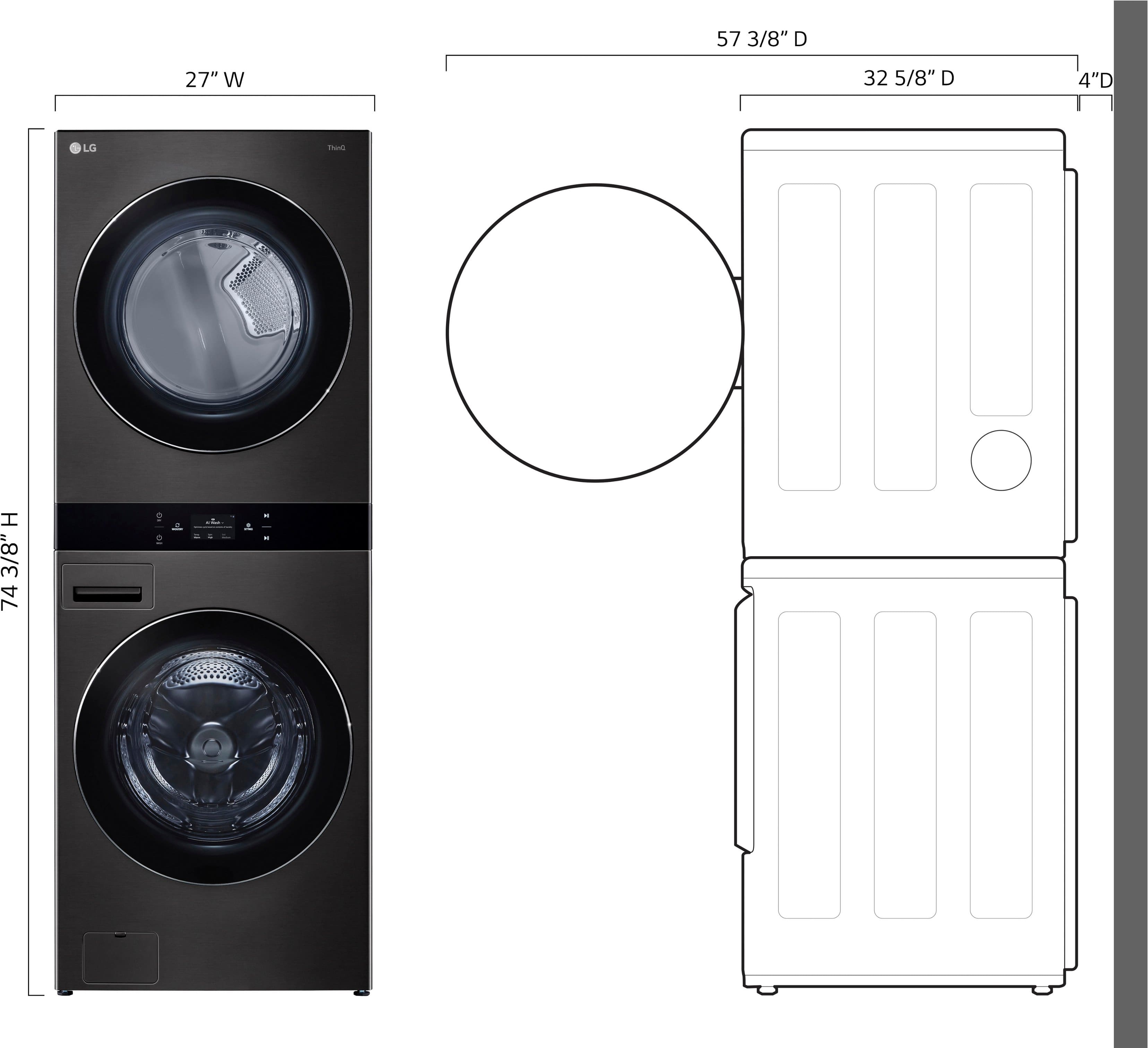 Left. LG - 5.0 Cu. Ft. HE Smart Front Load Washer and 7.4 Cu. Ft. Electric Dryer WashTower with Steam and Center Control - Black Steel.