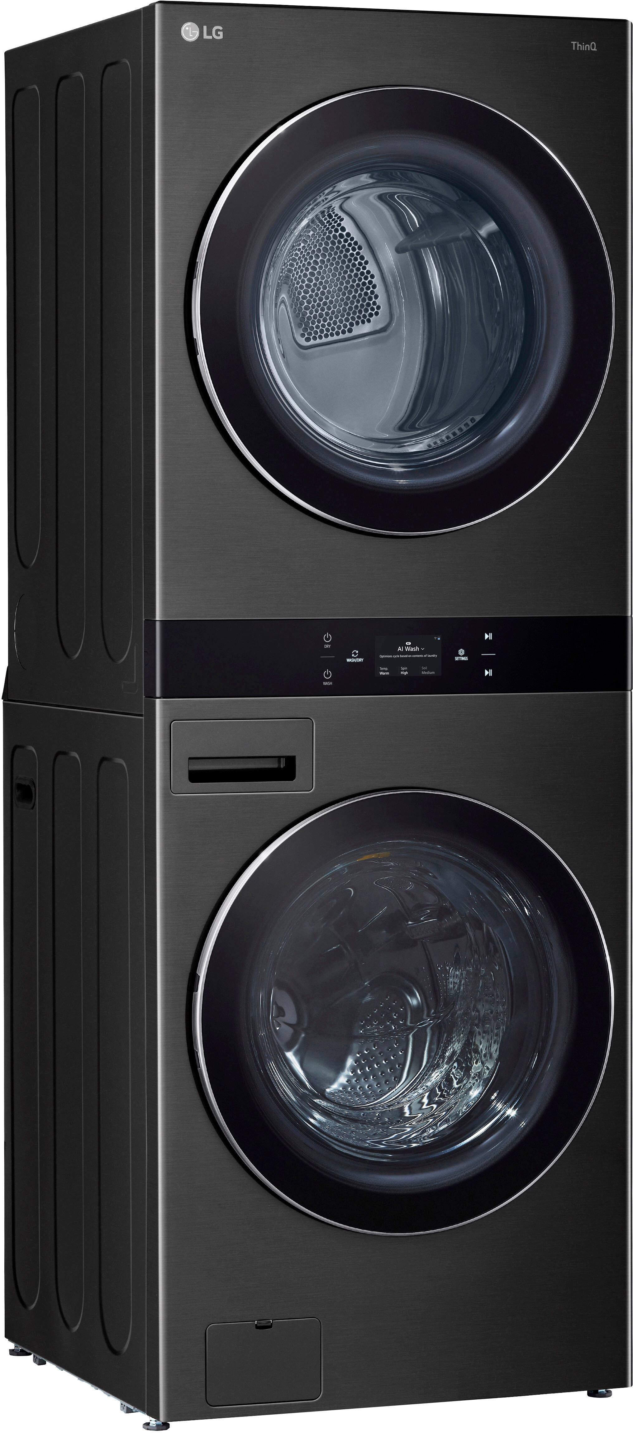 Angle. LG - 5.0 Cu. Ft. HE Smart Front Load Washer and 7.4 Cu. Ft. Gas Dryer WashTower with Steam and Center Control - Black Steel.