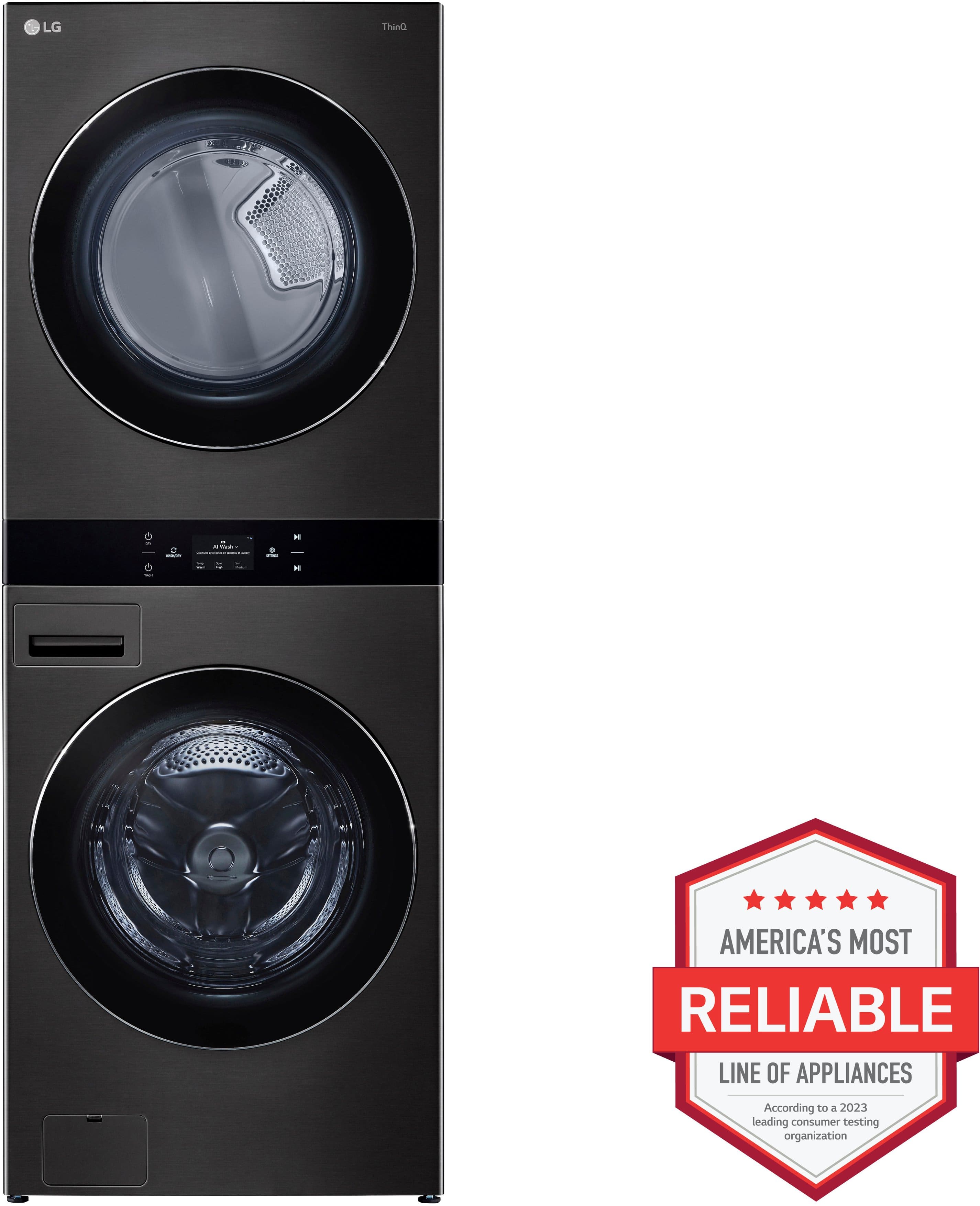 The image showcases a stacked washer and dryer combo unit, featuring a large washing machine and a dryer on top of it. The appliances are made by LG and are designed to be energy-efficient and reliable. The washer and dryer combo unit is labeled as "America's Most Reliable Line of Appliances" according to a 2023 reading by a leading organization.
