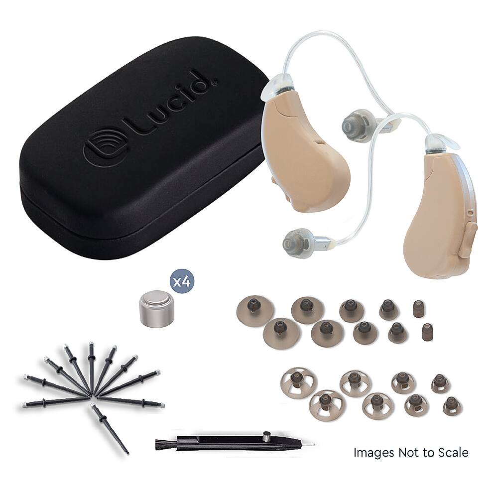 Left View: Lucid Hearing - OTC Engage Premium Hearing Aids Android - Beige