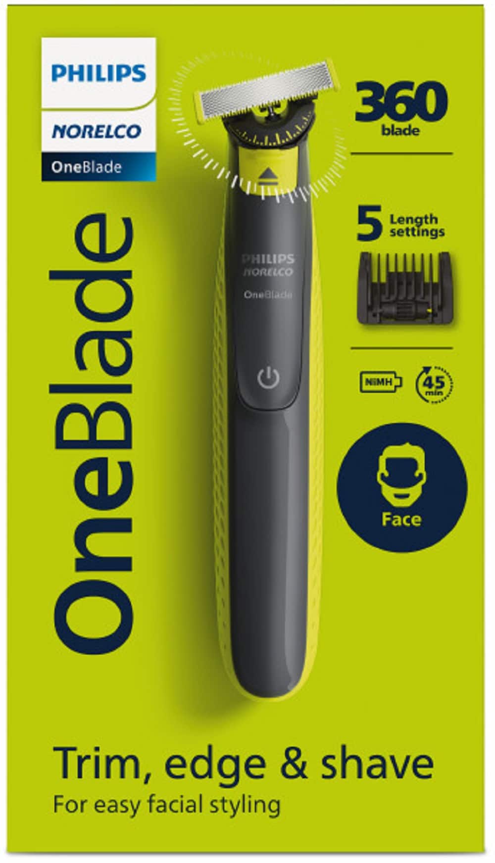 The image features a close-up of a black and white Philips Norelco OneBlade trimmer, which is designed for easy facial styling. The trimmer has a total of five length settings, making it suitable for various hair types and styles. The OneBlade is a versatile grooming tool that can be used for trimming, edging, and shaving, providing a convenient and efficient solution for personal grooming needs.