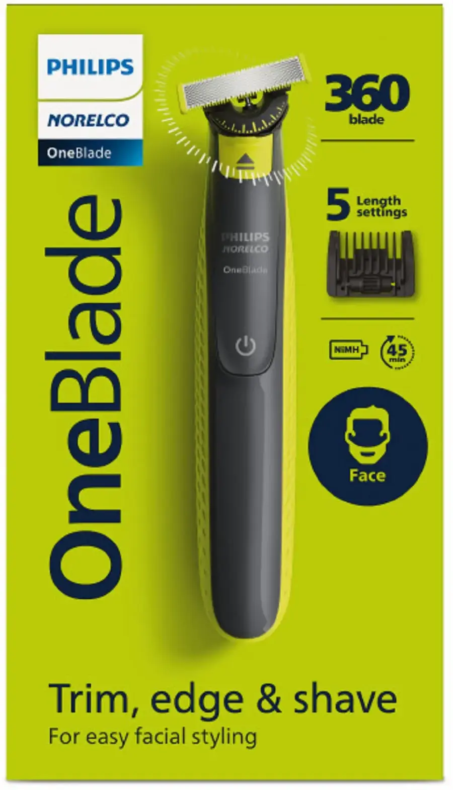 The image features a close-up of a black and white Philips Norelco OneBlade trimmer, which is designed for easy facial styling. The trimmer has a total of five length settings, making it suitable for various hair types and styles. The OneBlade is a versatile grooming tool that can be used for trimming, edging, and shaving, providing a convenient and efficient solution for personal grooming needs.
