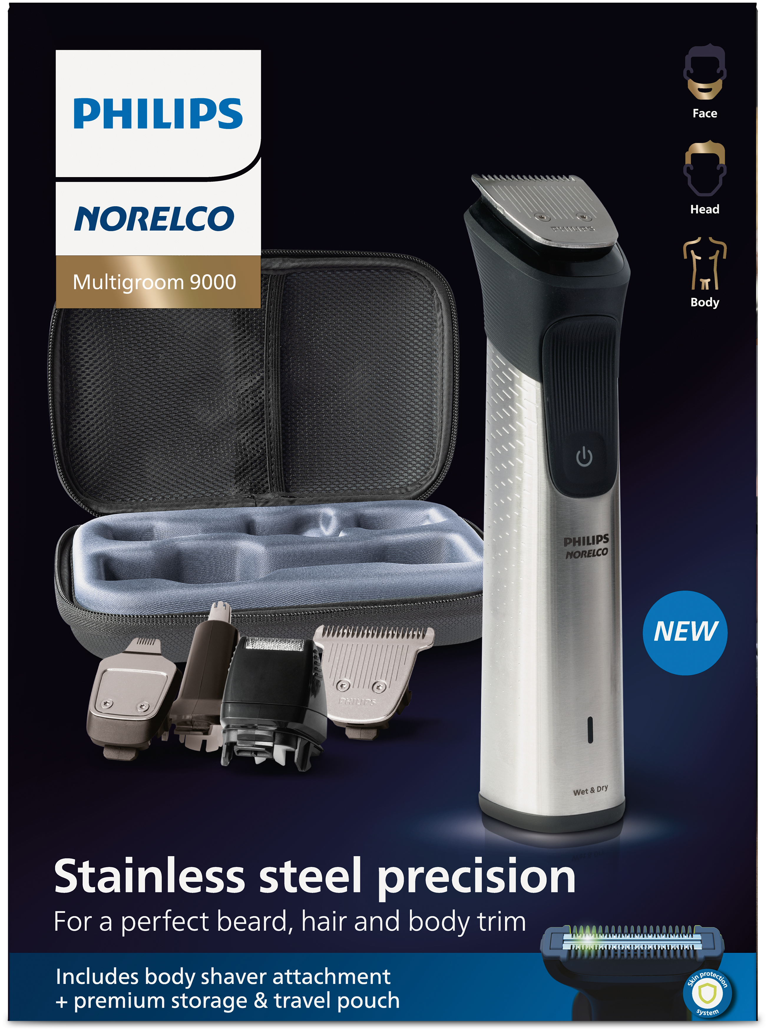 Philips Norelco Multigroom 9000 Face & Body Trimmer: Stainless Steel Precision for a Perfect Beard, Hair and Body Trim. Includes Body Shaver Attachment + Premium Storage & Travel Pouch.