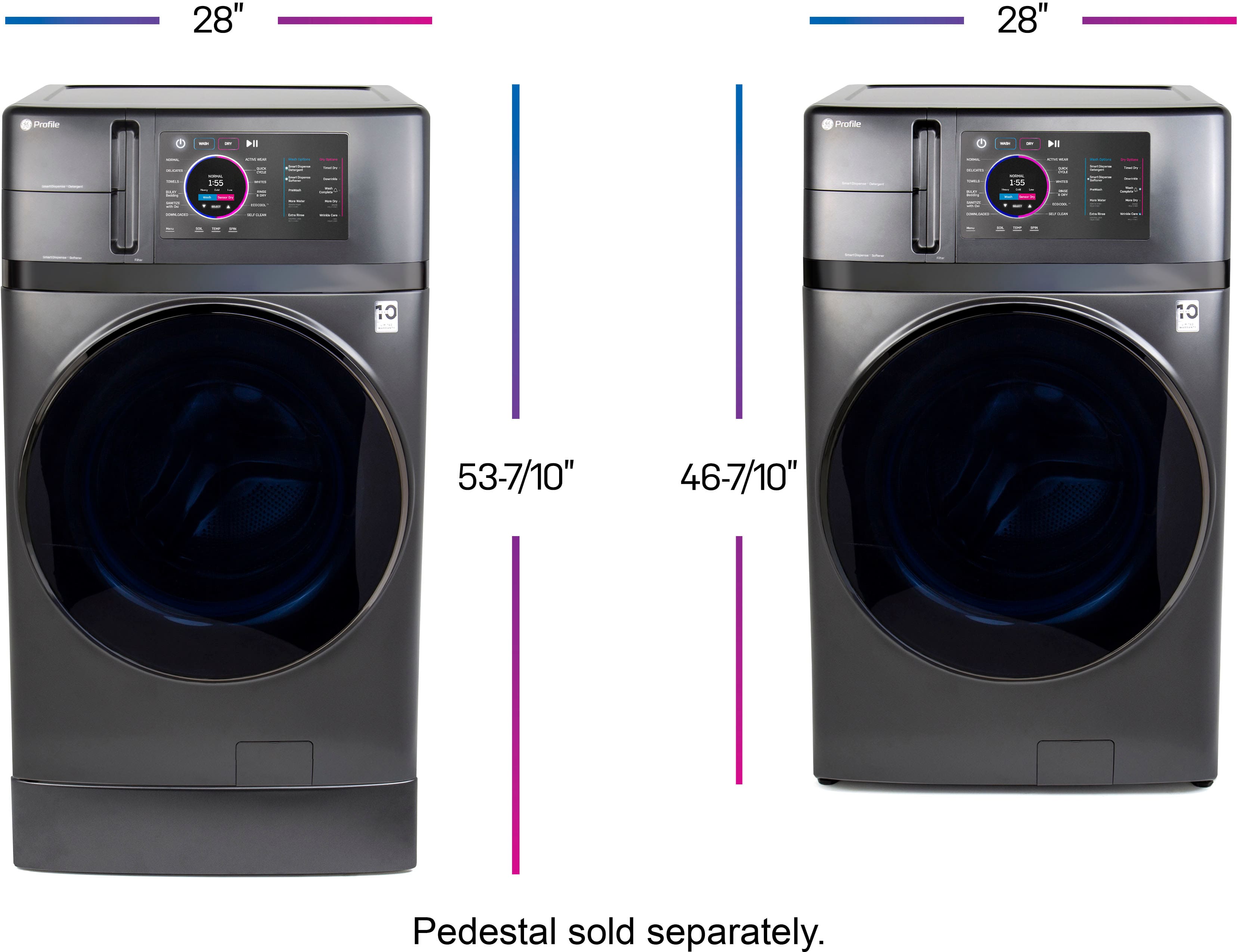 The image features two washing machines side by side, with a comparison chart showing their dimensions. The chart indicates that both machines have a width of 28 inches and a height of 53-7/10 inches. The machines are shown with an optional riser, which is sold separately.