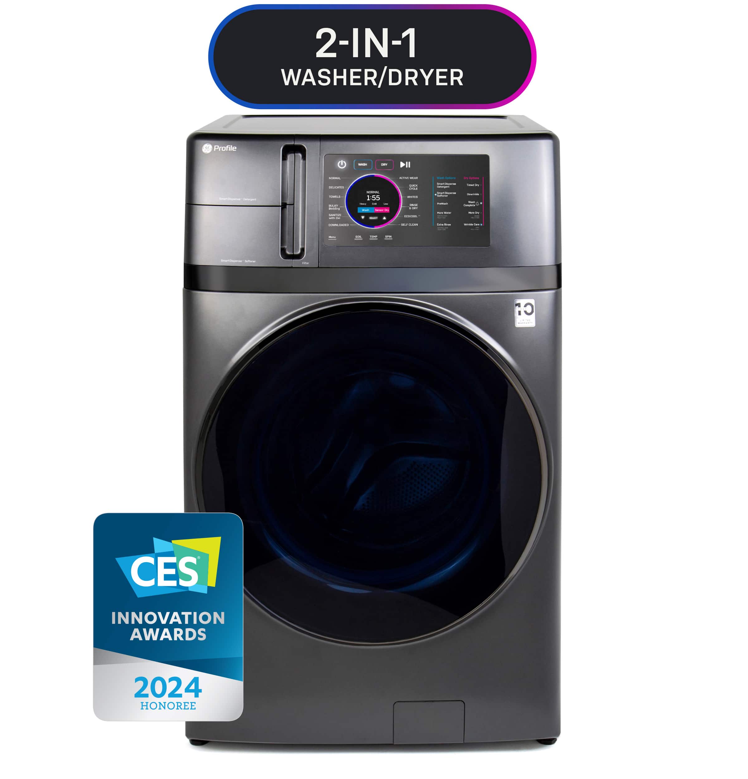 The image features a 2-in-1 washer and dryer, which is an innovative product that combines both functions into one appliance. The product is a CES Innovation Awards 2024 honoree, indicating its recognition for its innovative design and features. The washer and dryer are displayed in a white background, showcasing the product's sleek design and modern appearance.