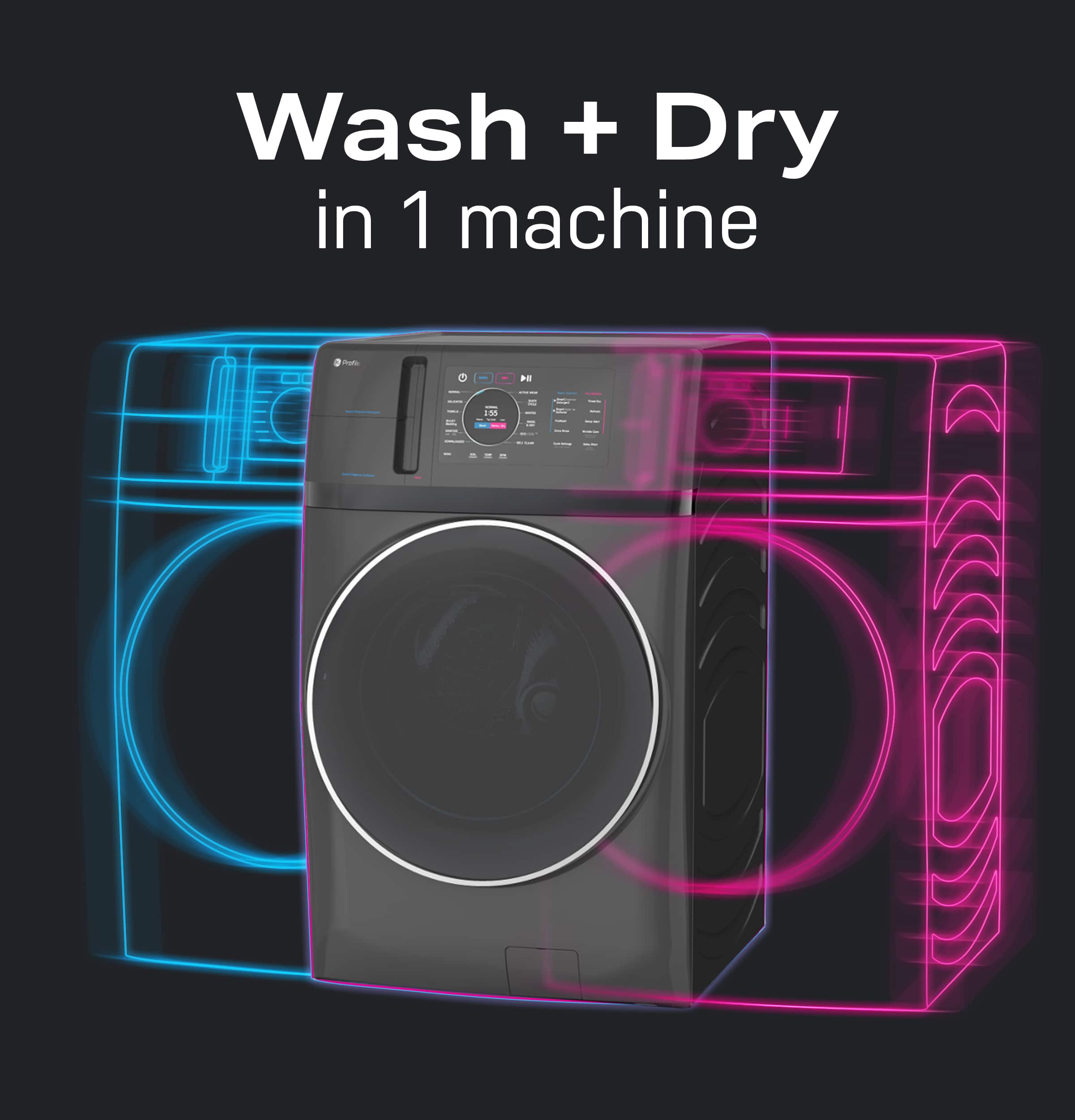 The image showcases a washing machine and dryer combo, which allows for both washing and drying clothes in one machine. The machine has a large drum and a control panel with buttons, indicating its advanced features. The advertisement emphasizes the convenience of having both functions in one appliance, making it a space-saving and efficient solution for laundry needs.