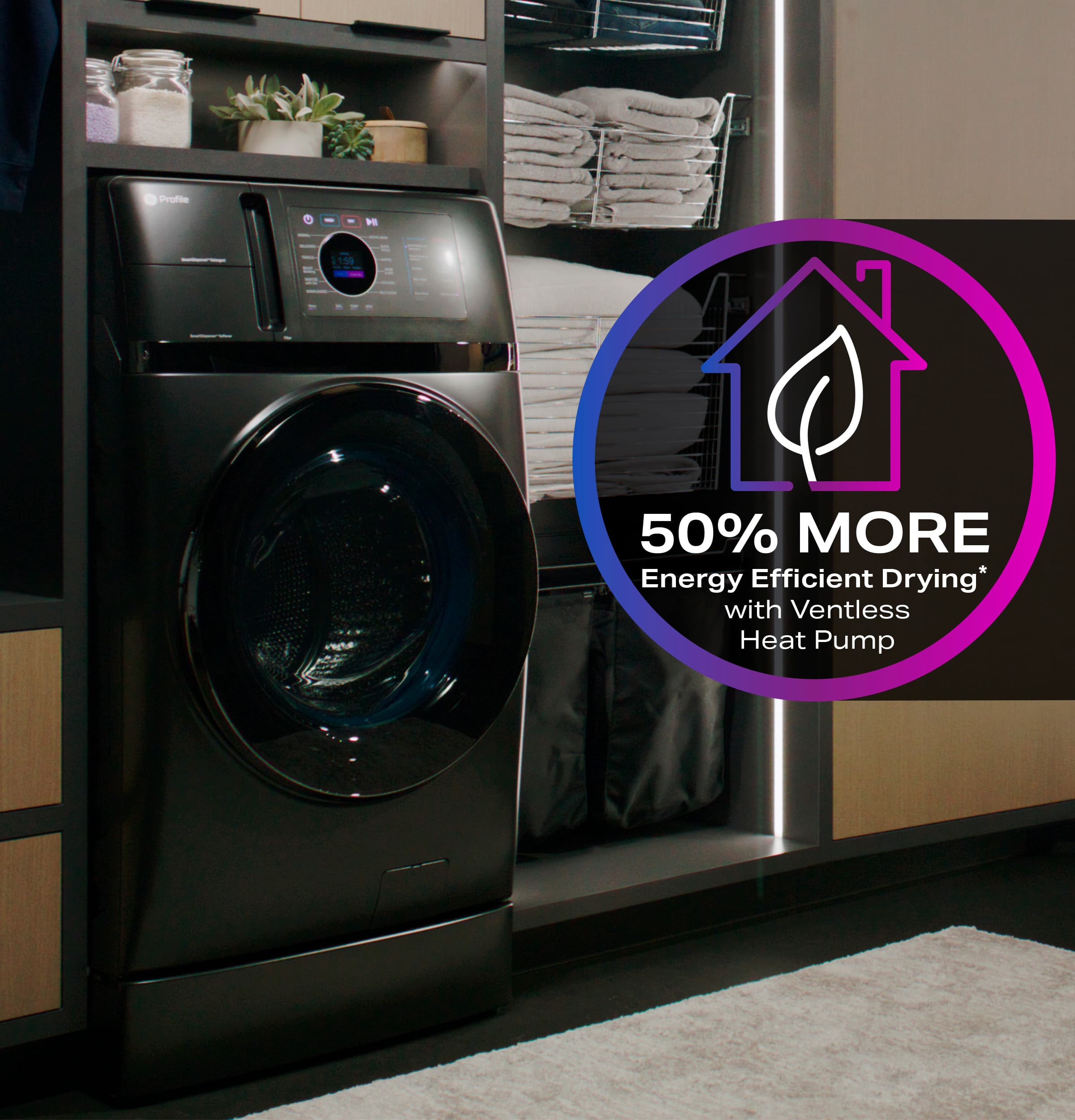 The image features a black washer and dryer combo in a laundry room. The dryer is a heat pump dryer, which is 50% more energy efficient than traditional dryers. The laundry room also has a shelf with towels and a potted plant, adding to the overall aesthetic of the space.