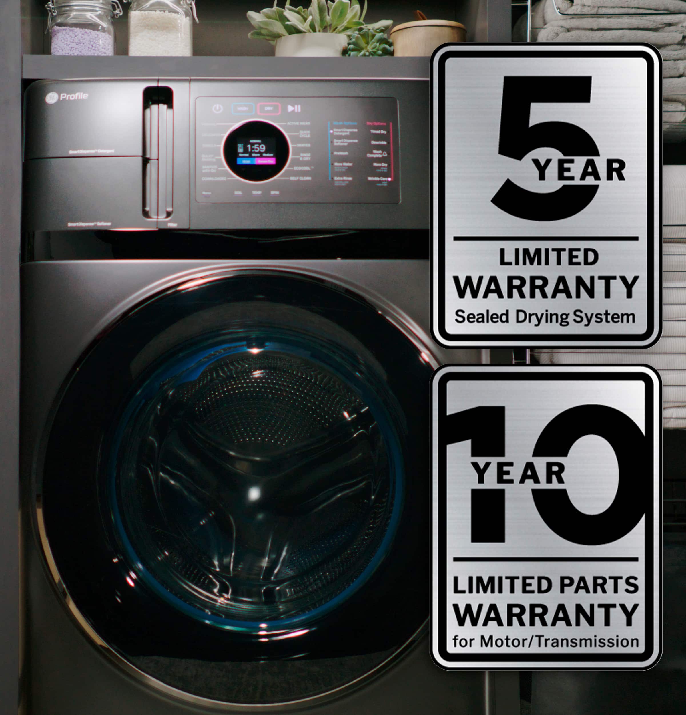 The image features a black dryer with a 5-year limited warranty and a 10-year limited parts warranty for the motor/transmission. The dryer is placed in a kitchen setting, with a potted plant nearby. The warranty information is displayed on a sign or sticker on the dryer, emphasizing the coverage provided by the manufacturer.