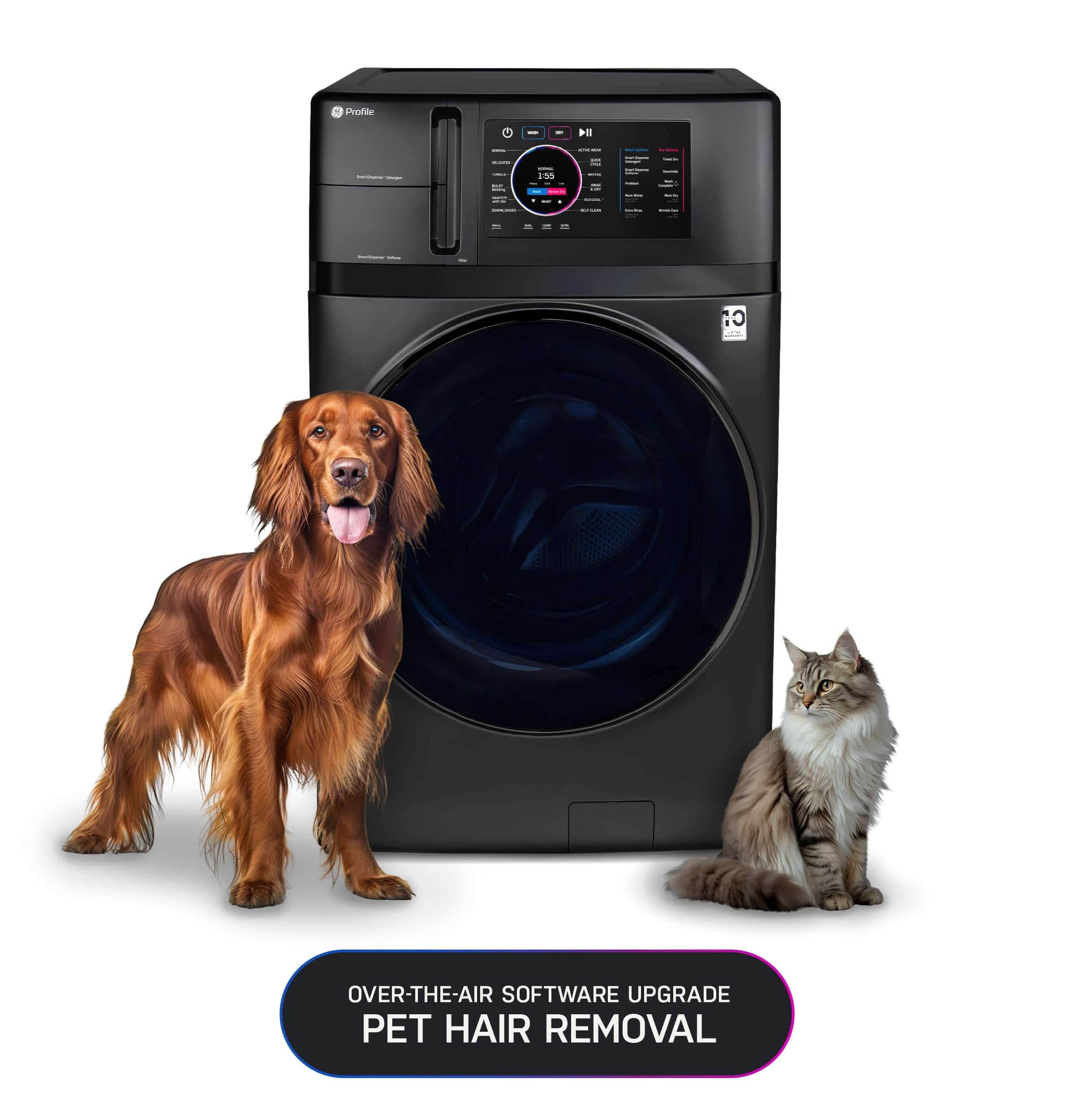 The image features a dog and a cat standing next to a washing machine. The dog is on the left side of the machine, while the cat is on the right side. The washing machine is positioned in the middle of the scene. The image is promoting a pet hair removal feature in the washing machine.