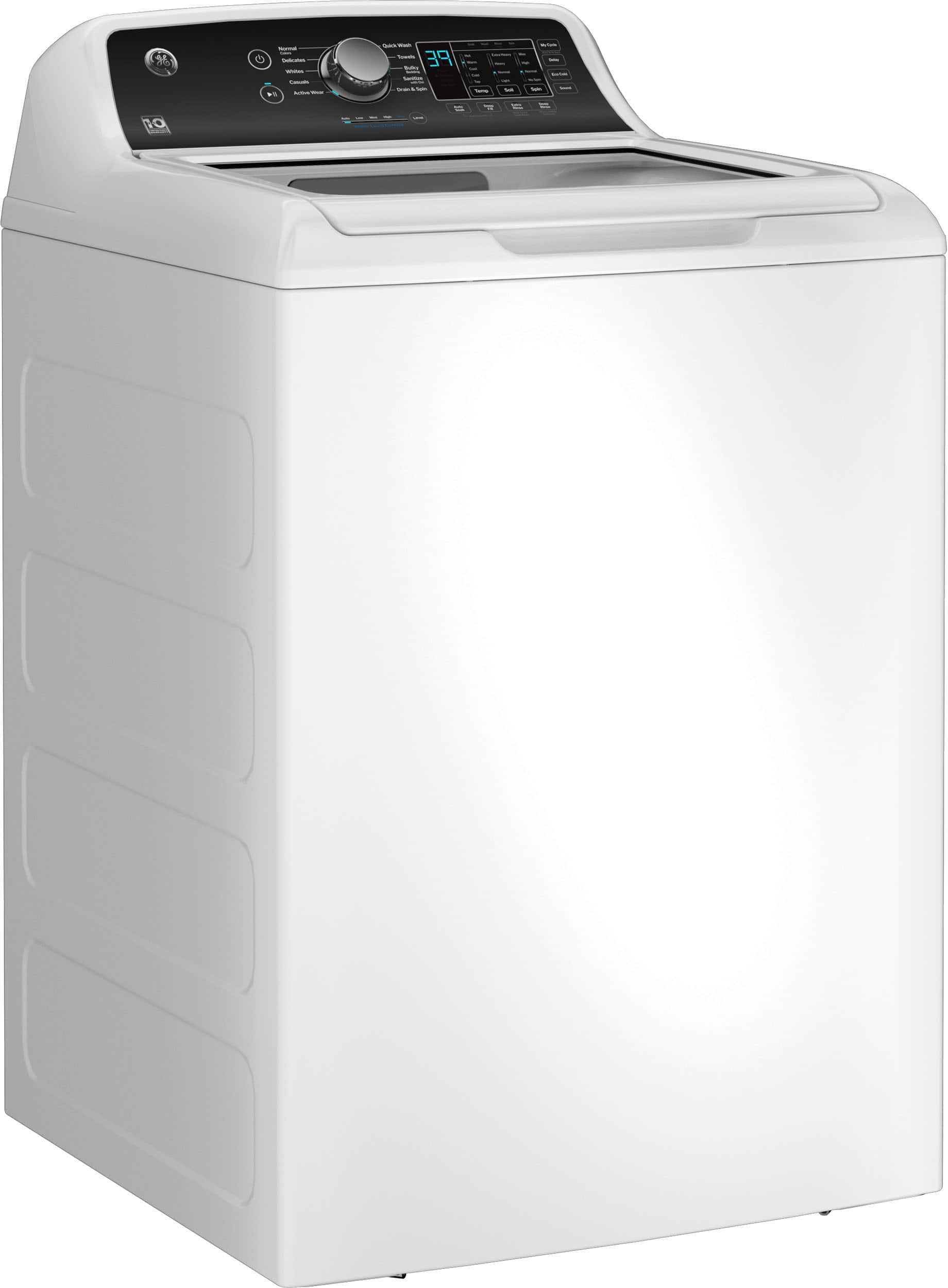 Angle. GE - 4.5 cu ft Top Load Washer with Water Level Control, Deep Fill, Quick Wash, and Glass Lid - White with Matte Black.