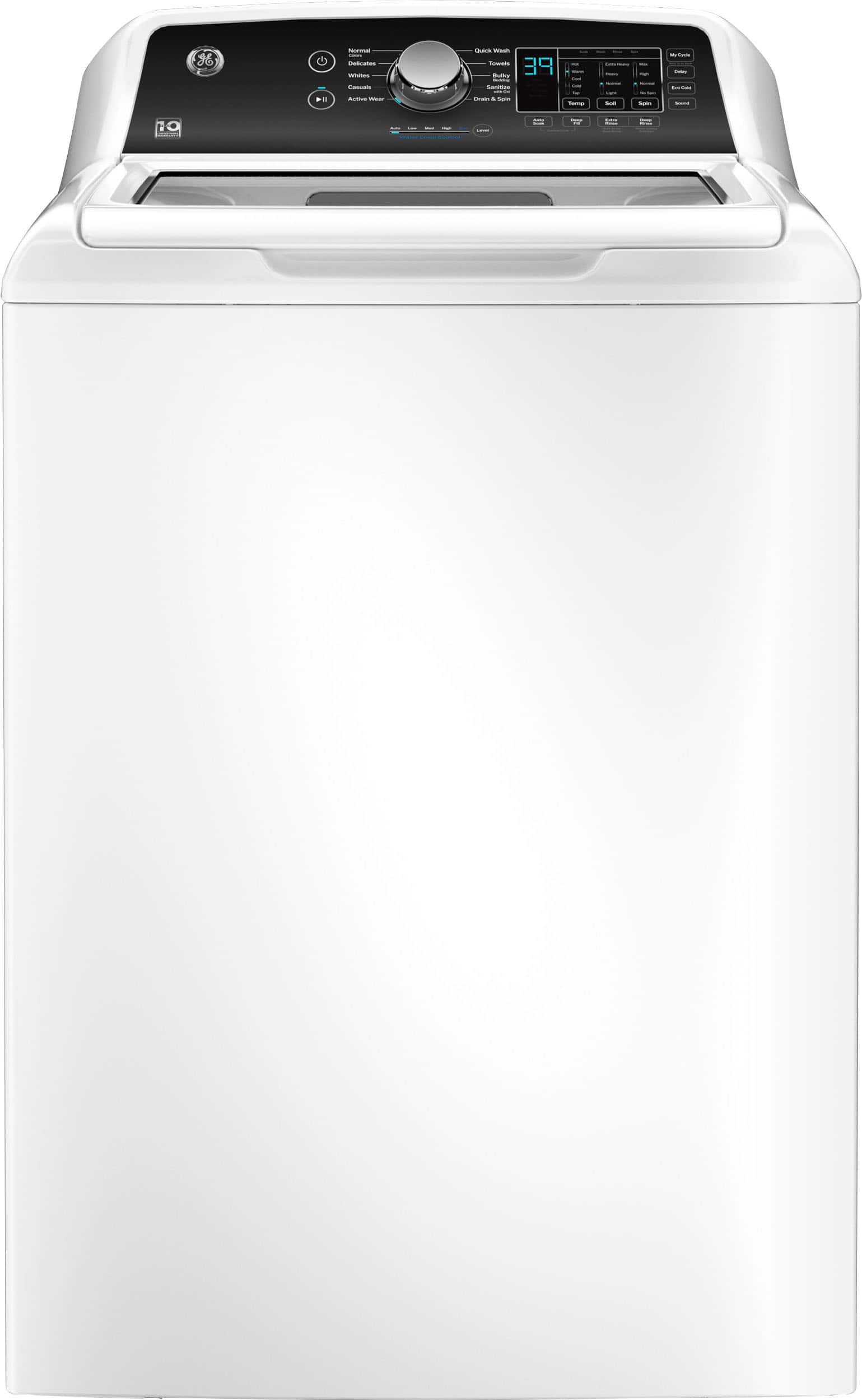 GE - 4.5 Cu. Ft. Top Load Washer with Water Level Control, Deep Fill, Quick Wash, and Glass Lid - White with Matte Black