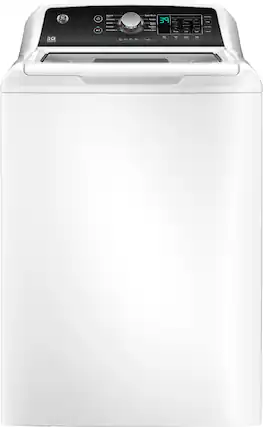 Front. GE - 4.5 cu ft Top Load Washer with Water Level Control, Deep Fill, Quick Wash, and Glass Lid - White with Matte Black.