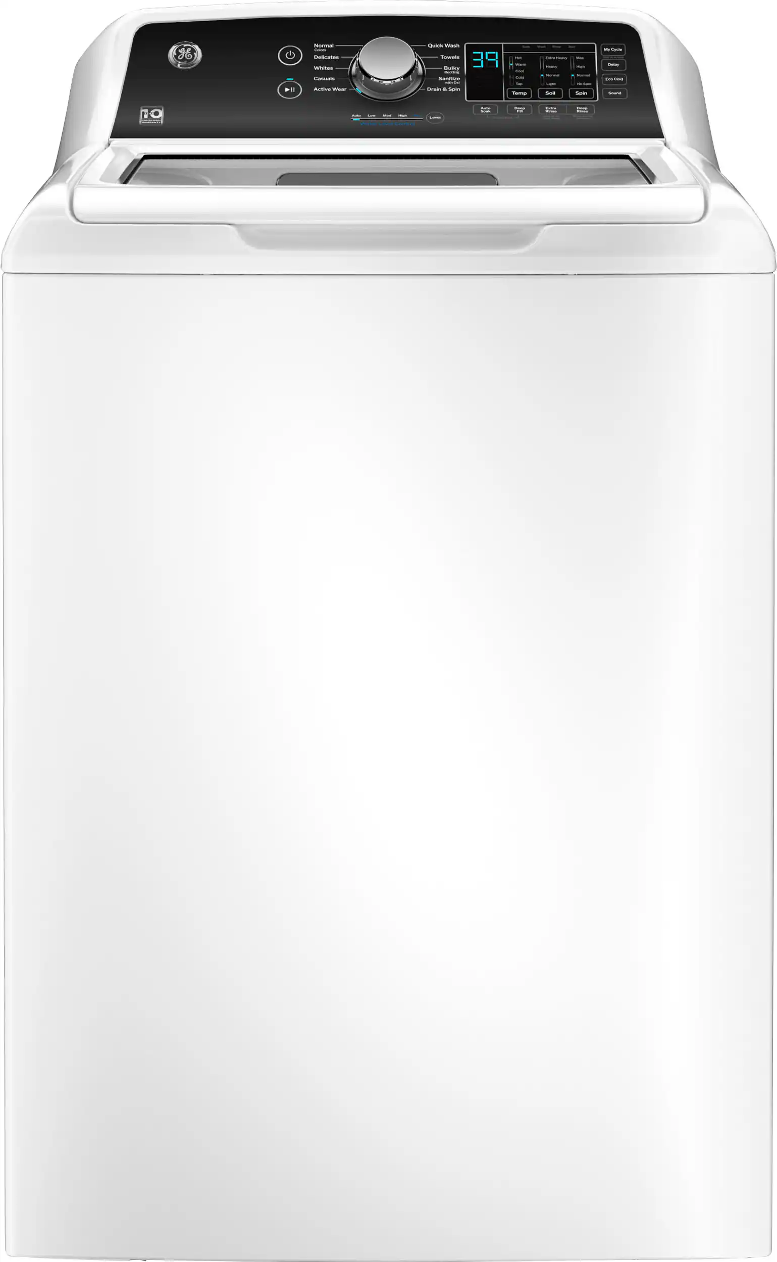 GE - 4.5 Cu. Ft. Top Load Washer with Water Level Control, Deep Fill, Quick Wash, and Glass Lid - White with Matte Black