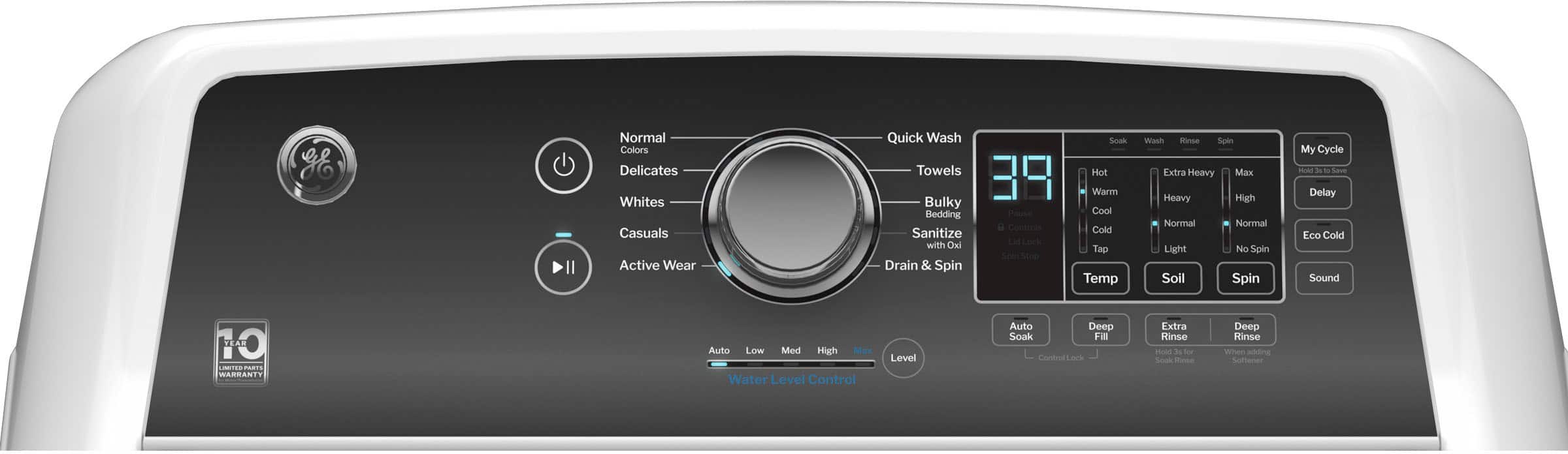 Alt View 2. GE - 4.5 cu ft Top Load Washer with Water Level Control, Deep Fill, Quick Wash, and Glass Lid - White with Matte Black.