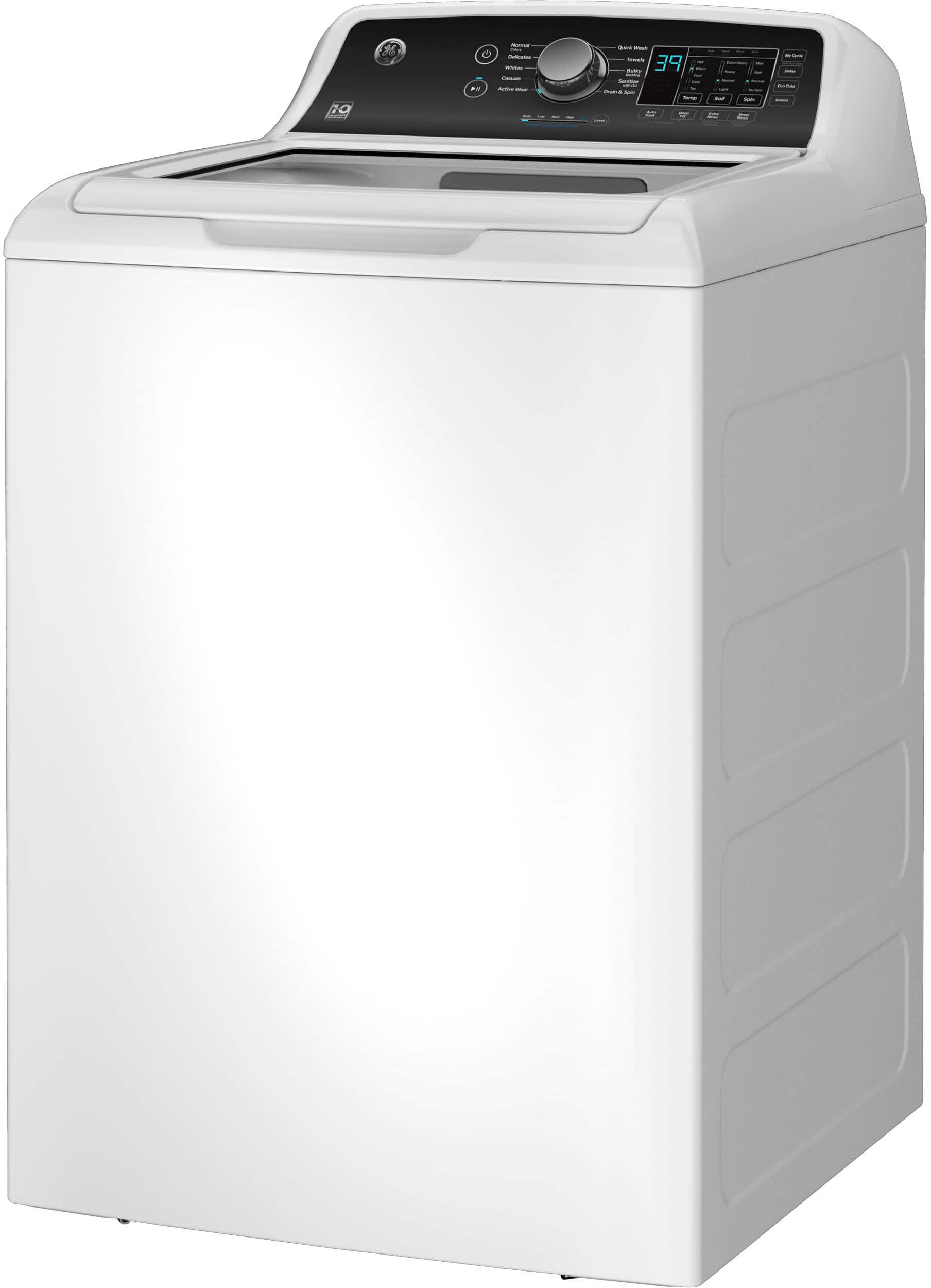 Left. GE - 4.5 cu ft Top Load Washer with Water Level Control, Deep Fill, Quick Wash, and Glass Lid - White with Matte Black.