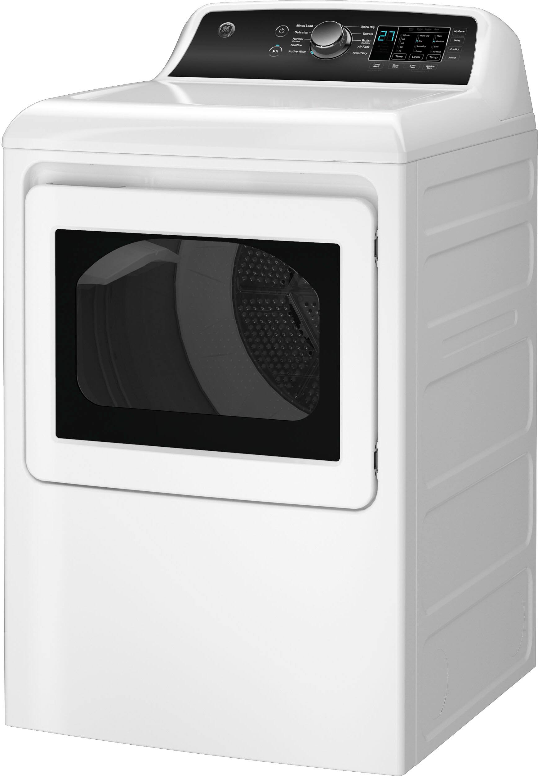 Left. GE - 7.4 cu. ft. Top Load Gas Dryer with Sensor Dry - White with Matte Black.