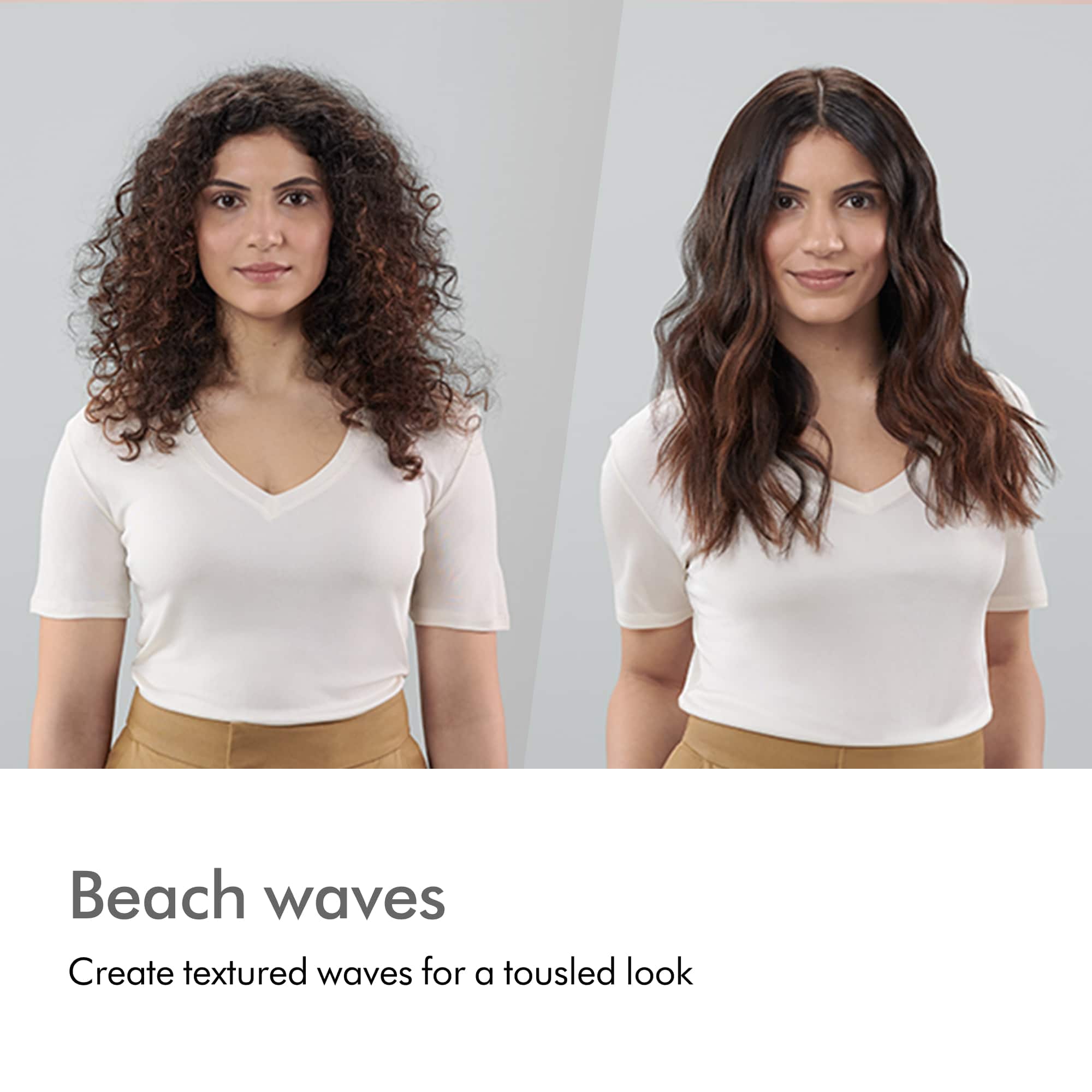 The image features two women with different hairstyles, one with curly hair and the other with straight hair. The woman with curly hair has a more tousled appearance, while the woman with straight hair has a sleeker look. The image is promoting beach waves, which create textured waves for a tousled appearance.