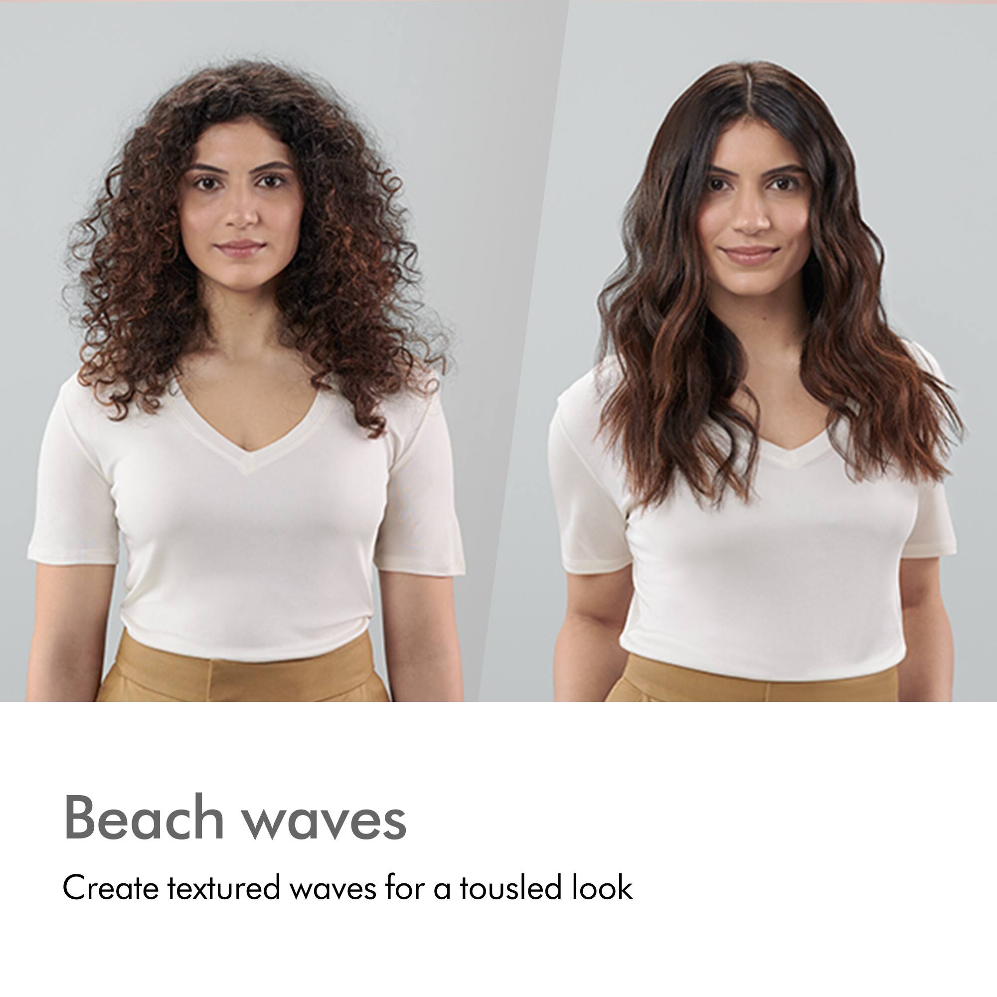 The image features two women with different hairstyles, one with curly hair and the other with straight hair. The woman with curly hair has a more tousled appearance, while the woman with straight hair has a sleeker look. The image is promoting beach waves, which create textured waves for a tousled appearance.