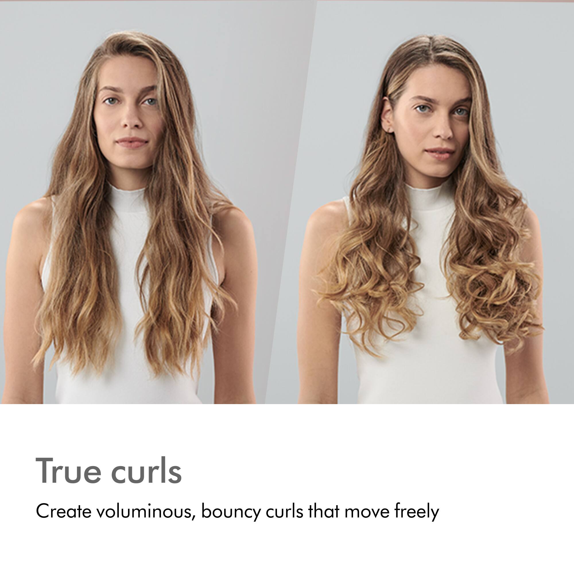 The image features two women with long, curly hair. The woman on the left has a more natural, curly hairstyle, while the woman on the right has a more styled, curly hairstyle. The image is promoting a product that creates voluminous, bouncy curls that move freely.