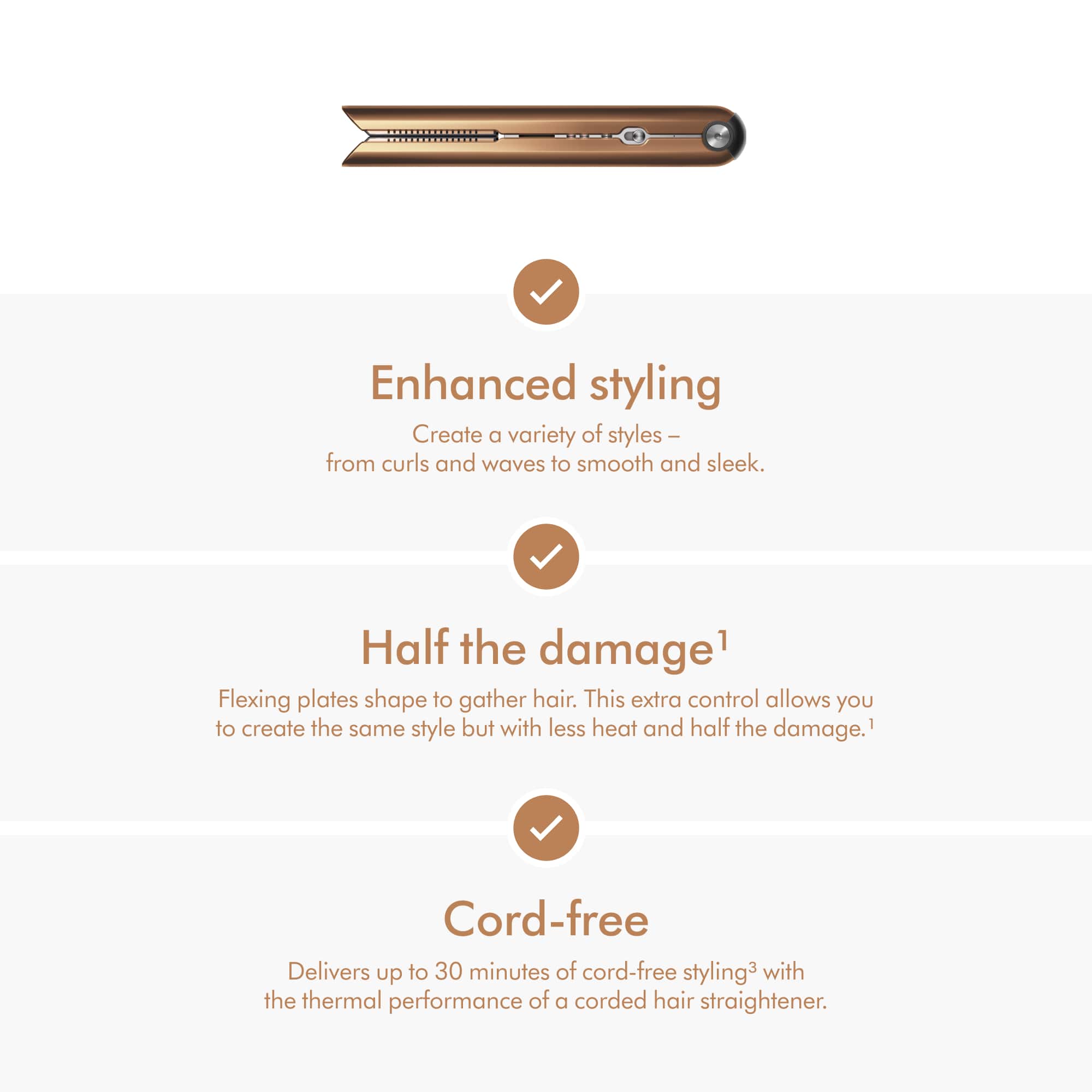 The image features a hair straightener with a wooden handle and a cord. The text on the image highlights the benefits of using this hair straightener, such as enhanced styling, half the damage, and cord-free styling. The text also emphasizes the flexing plates that shape to gather hair, providing extra control and allowing for the creation of various styles with less heat and damage.