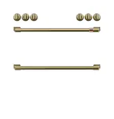 Front. Café - Handle and Knob Set for Front Control Gas Range - Brushed Brass.