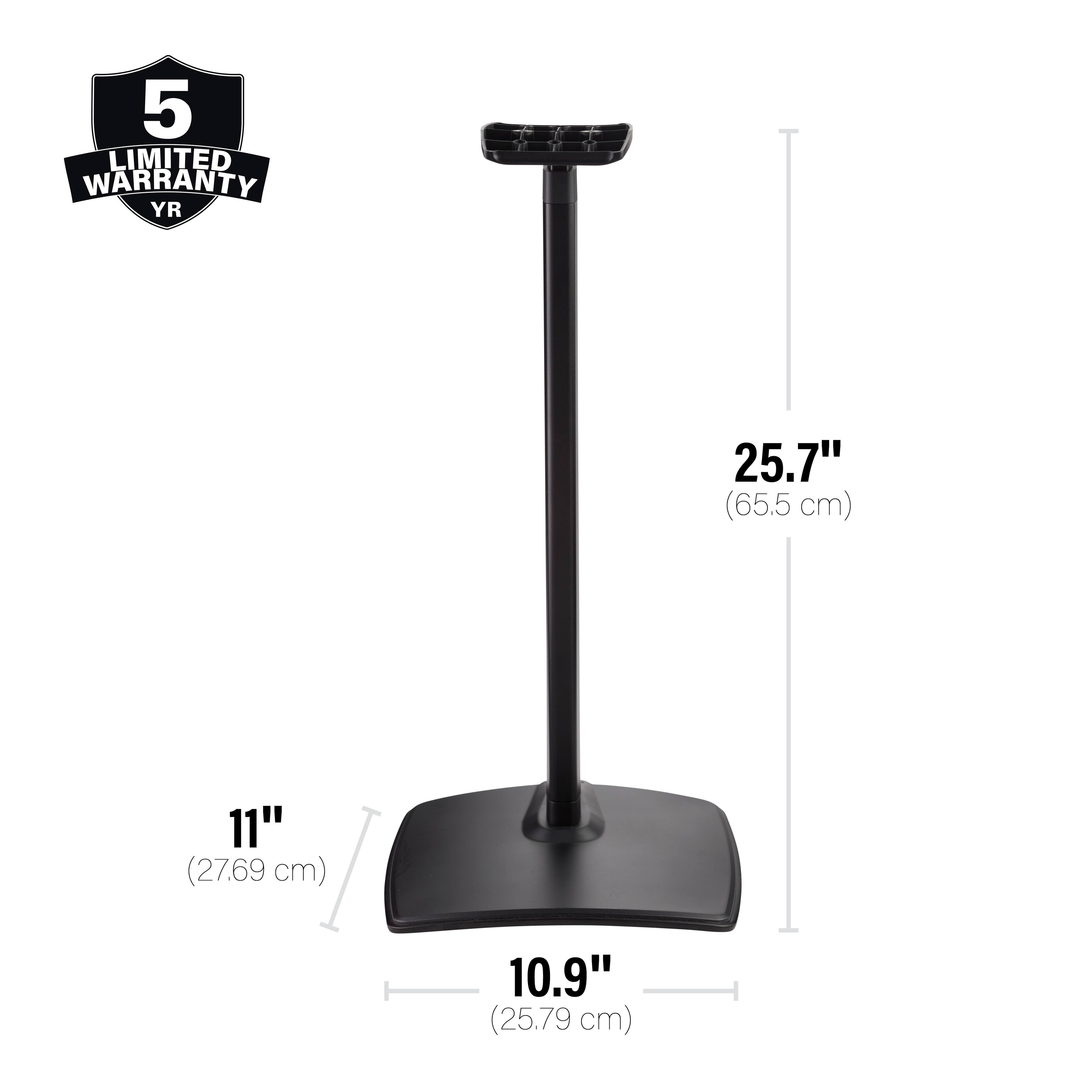 The image features a black metal stand with a 5-year limited warranty. The stand is 25.7 inches (65.5 cm) tall and has a base that measures 11 inches (27.69 cm) in diameter. The stand is also described as being 10.9 inches (25.79 cm) tall.