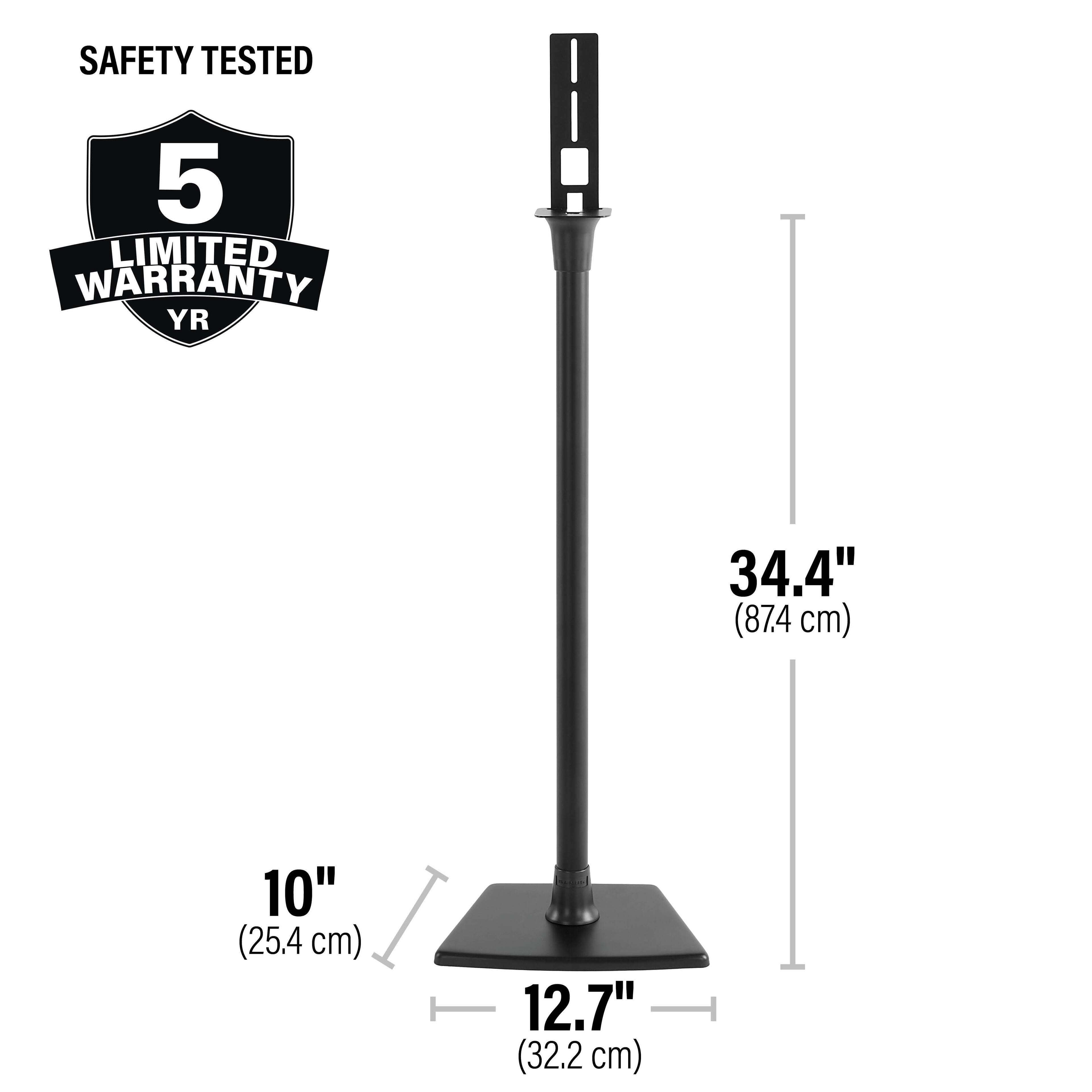 The image shows a black pole that has been safety tested. The pole is 34.4 inches (87.4 cm) tall and has a 10-inch (25.4 cm) diameter. The pole is also 12.7 inches (32.2 cm) wide.