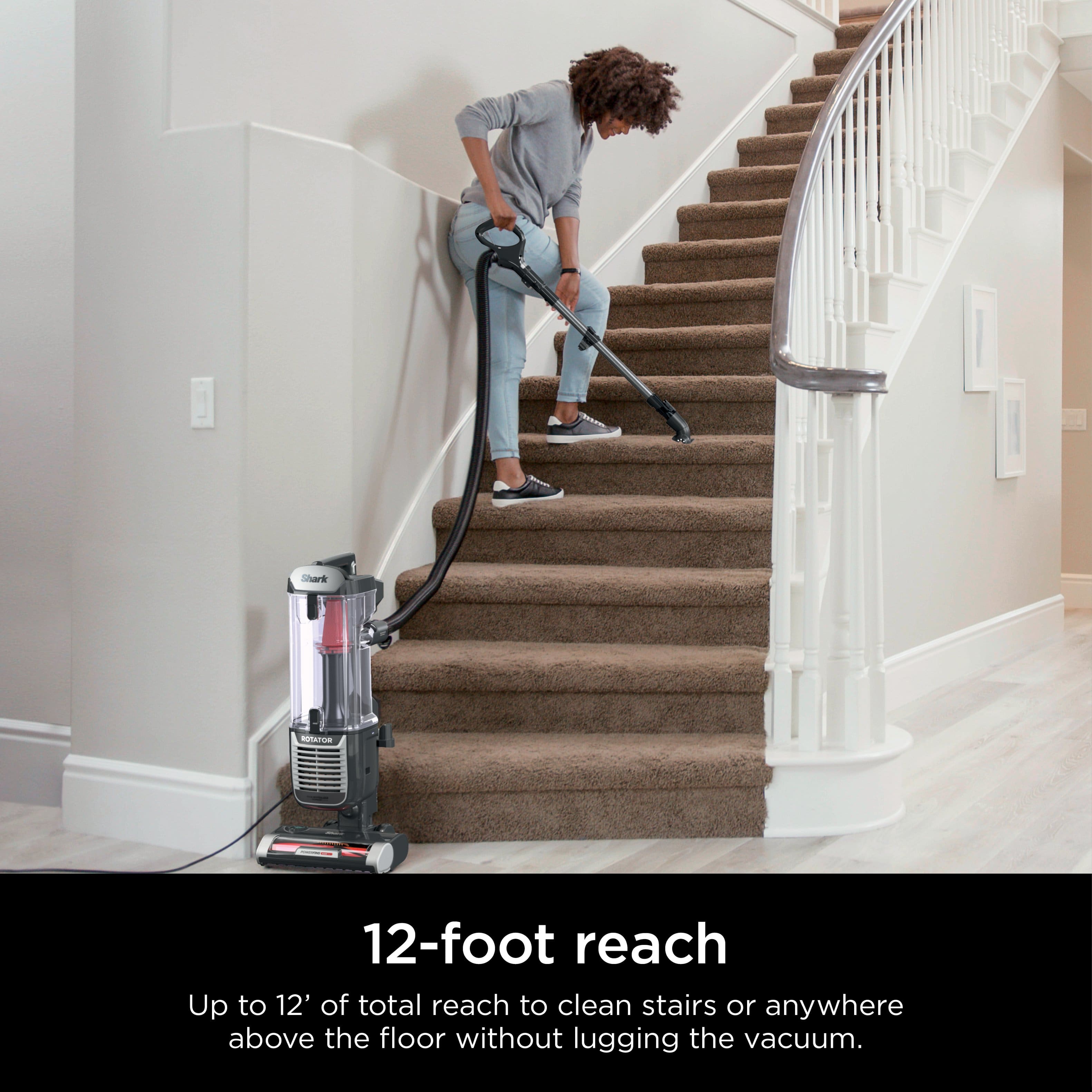 "12-foot reach Up to 12' of total reach to clean stairs or anywhere above the floor without lugging the vacuum."