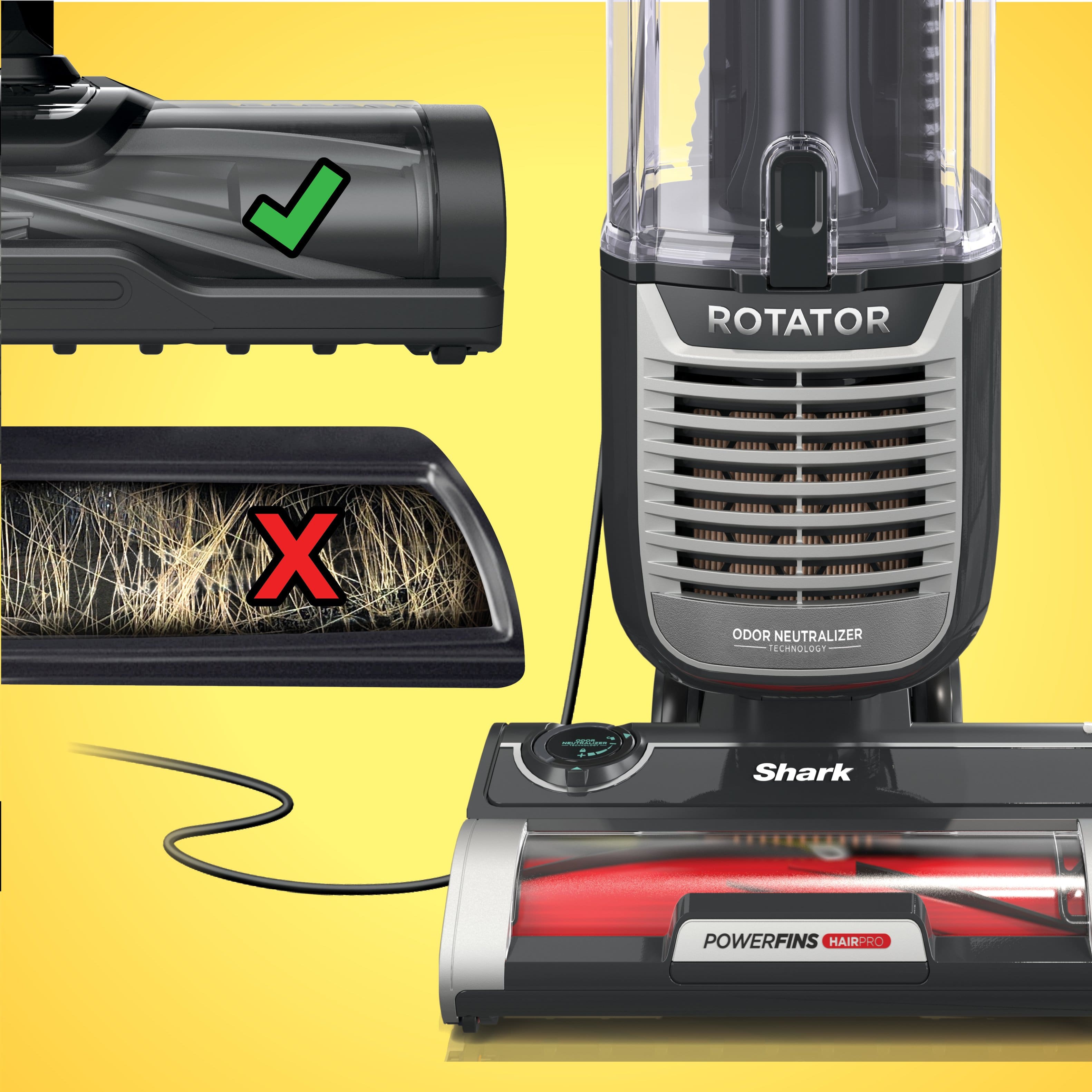 The text on the image is grouped as follows:
1. Rotator: A vacuum cleaner with a rotating brush.
2. Odor Neutralizer: A device that neutralizes odors.
3. Shark: A vacuum cleaner with a red and black design.
4. PowerFins: A vacuum cleaner with a red and black design.
5. HairPro: A vacuum cleaner specifically designed for cleaning hair.