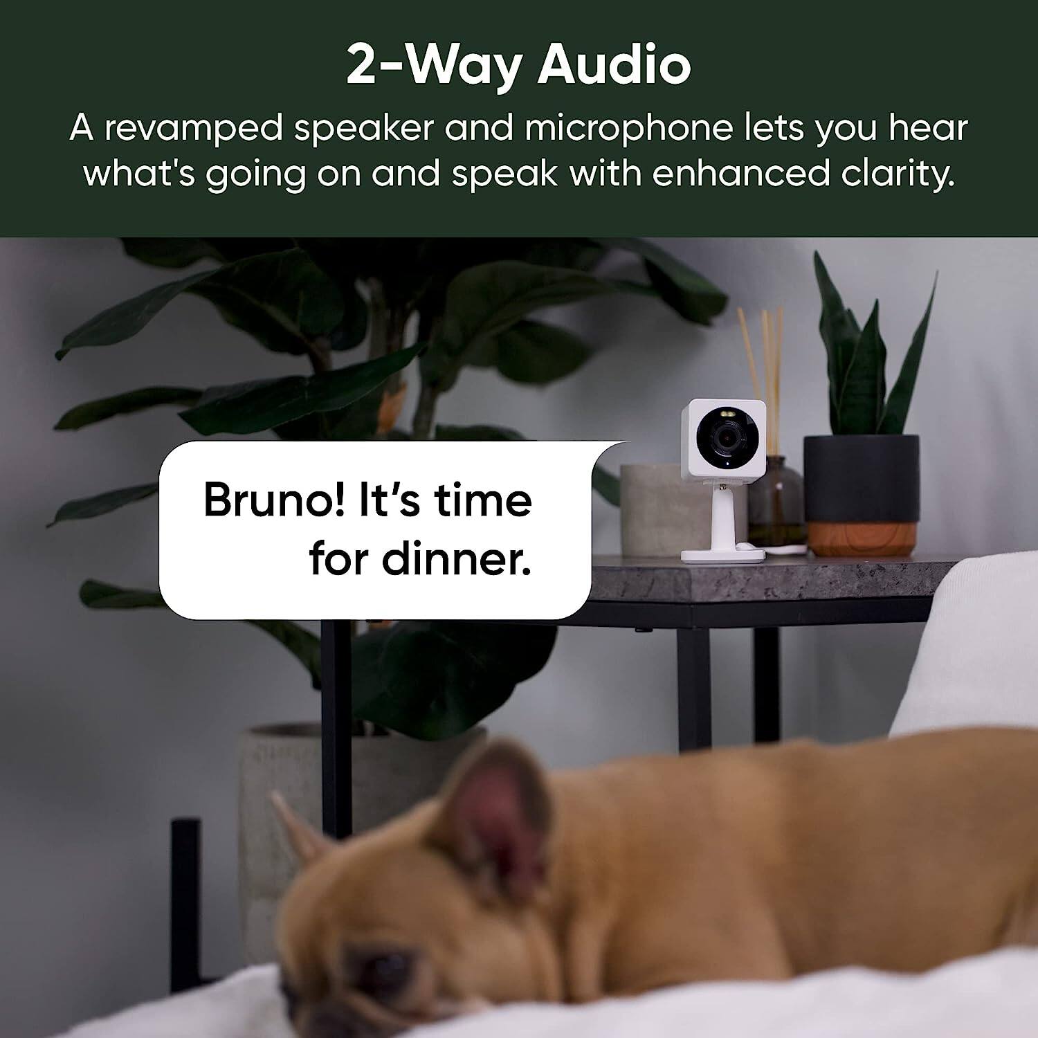 2-Way Audio: A revamped speaker and microphone lets you hear what's going on and speak with enhanced clarity. Bruno! It's time for dinner.