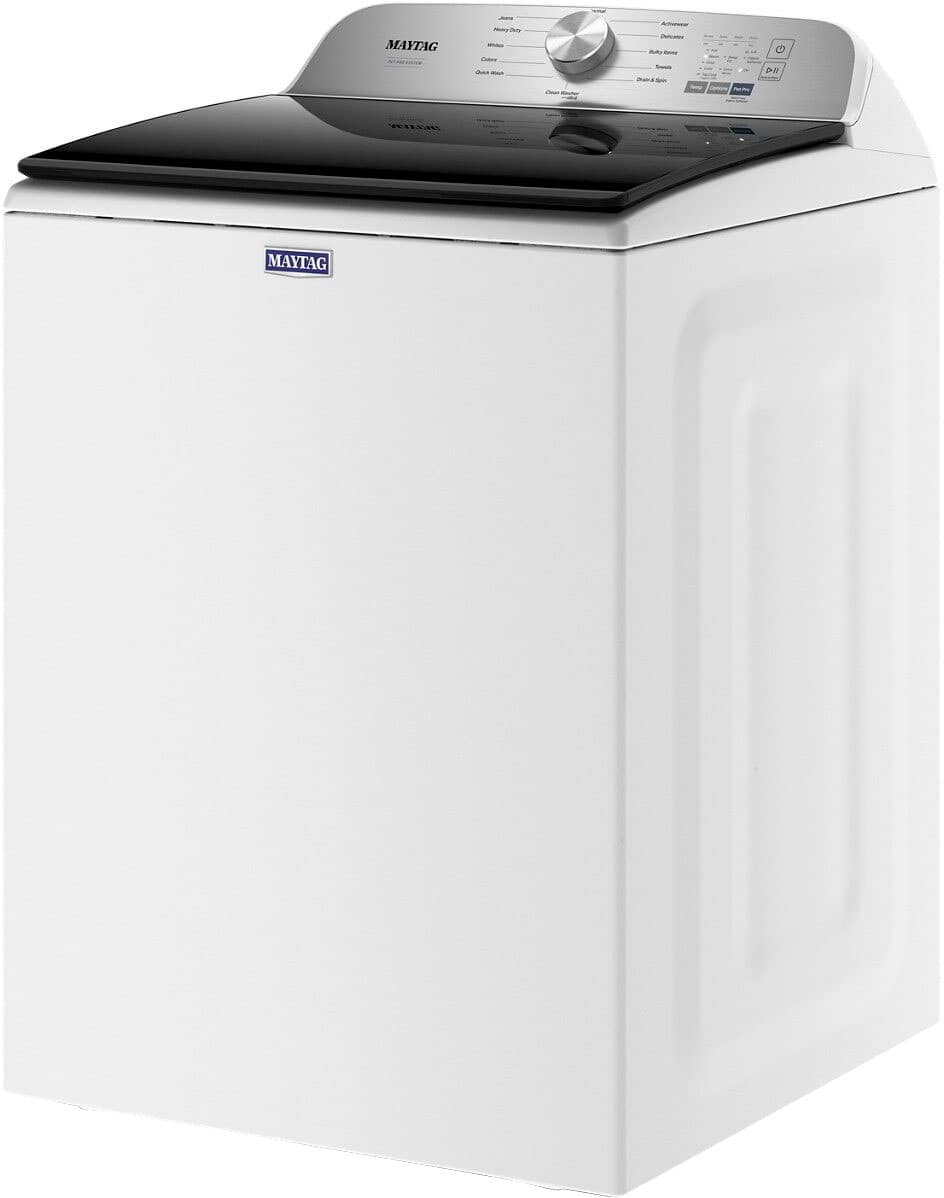 The image features a large white Maytag washing machine, which is a top-load washer. The appliance is designed to be energy-efficient and has a modern appearance. The washer is equipped with a control panel, which allows users to adjust settings and monitor the progress of their laundry. The machine is placed in a clean, white room, which further emphasizes its sleek and modern design.