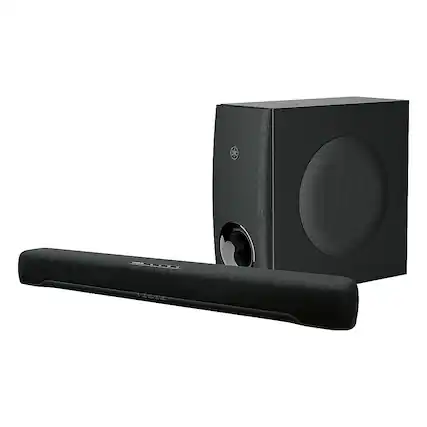 Front. Yamaha - 2.1-Channel Indoor Compact Bluetooth Sound Bar with Wireless Subwoofer - Black.