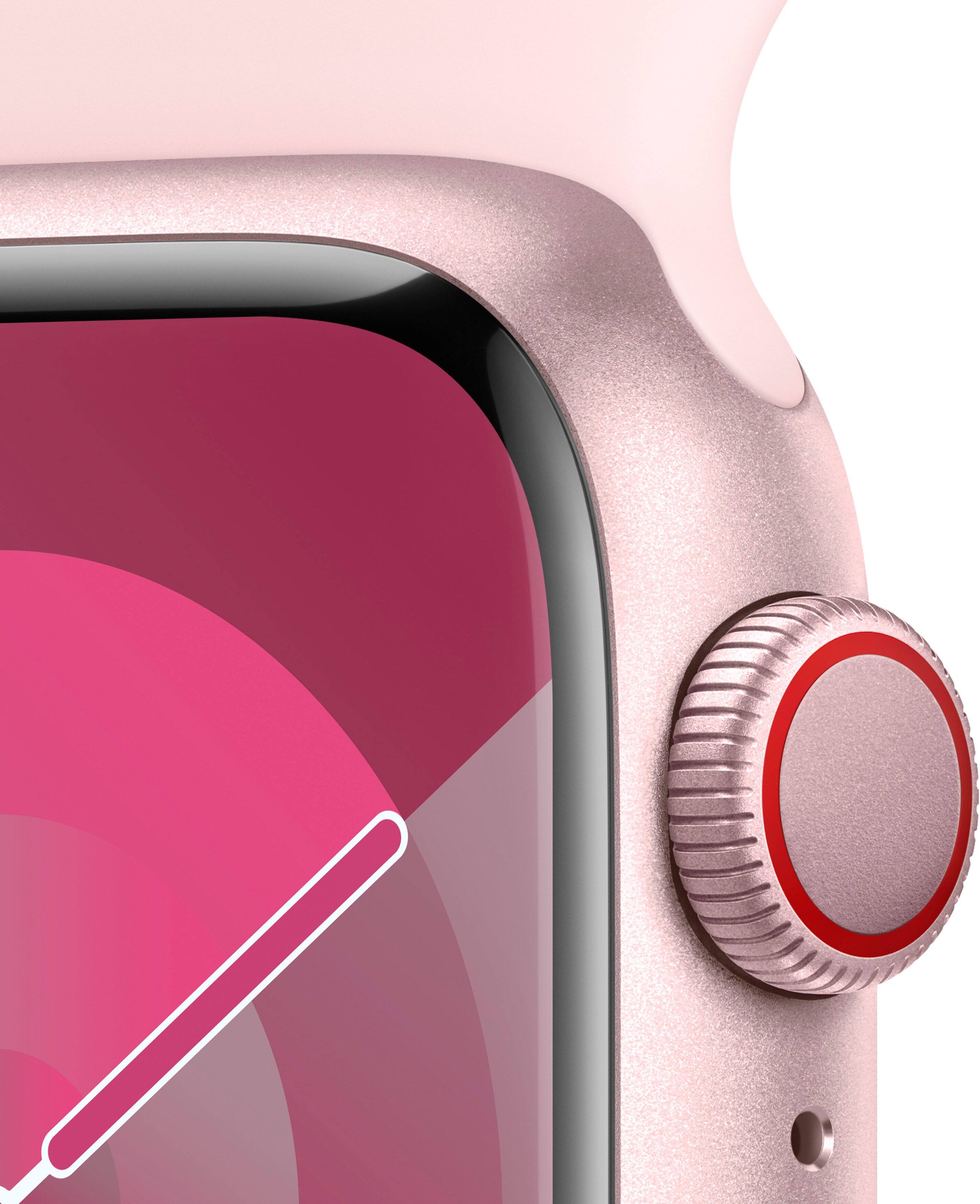 Alt View 12. Apple - Apple Watch Series 9 (GPS + Cellular) 41mm Pink Aluminum Case with Light Pink Sport Band with Blood Oxygen - M/L - Pink.
