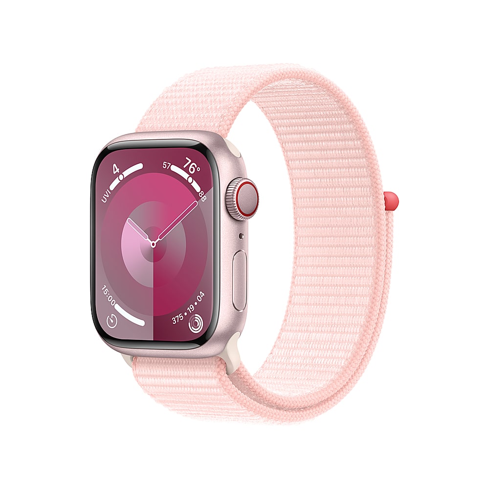 Front. Apple - Apple Watch Series 9 (GPS + Cellular) 41mm Pink Aluminum Case with Light Pink Sport Loop with Blood Oxygen - Pink.