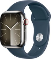 Apple Watch Series 9 (GPS + Cellular) 41mm Silver Stainless Steel Case with Storm Blue Sport Band w/ Blood Oxygen - S/M - Silver - Front_Zoom