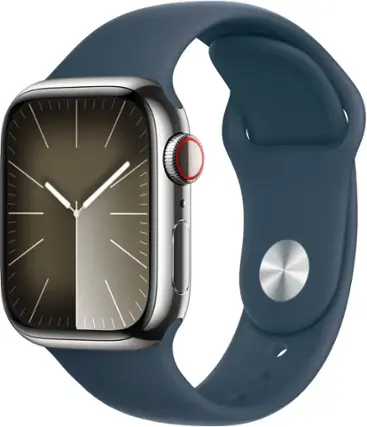 Front. Apple - Apple Watch Series 9 (GPS + Cellular) 41mm Silver Stainless Steel Case with Storm Blue Sport Band w/ Blood Oxygen - S/M - Silver.