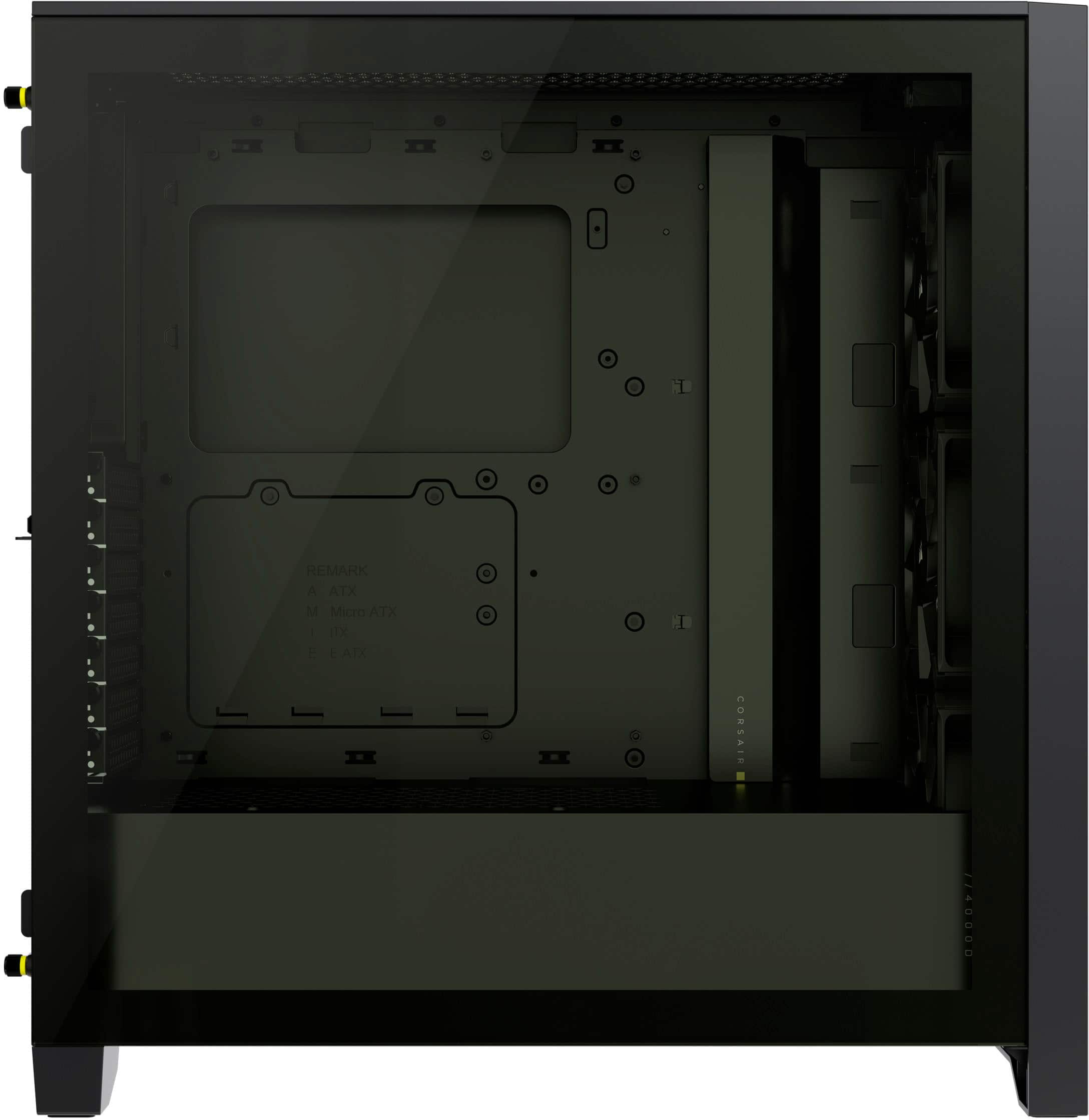 The image features a computer tower with a green case. The tower is equipped with a Micro ATX motherboard and a Corsair power supply. The case is open, revealing the internal components of the computer, including the motherboard and power supply. The tower is designed to accommodate a wide range of computer components and is suitable for various computing needs.