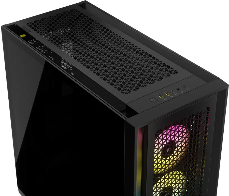 I cannot group or correct the text as it does not appear to be related to the image. The image shows a black computer tower with a colorful light on the side.