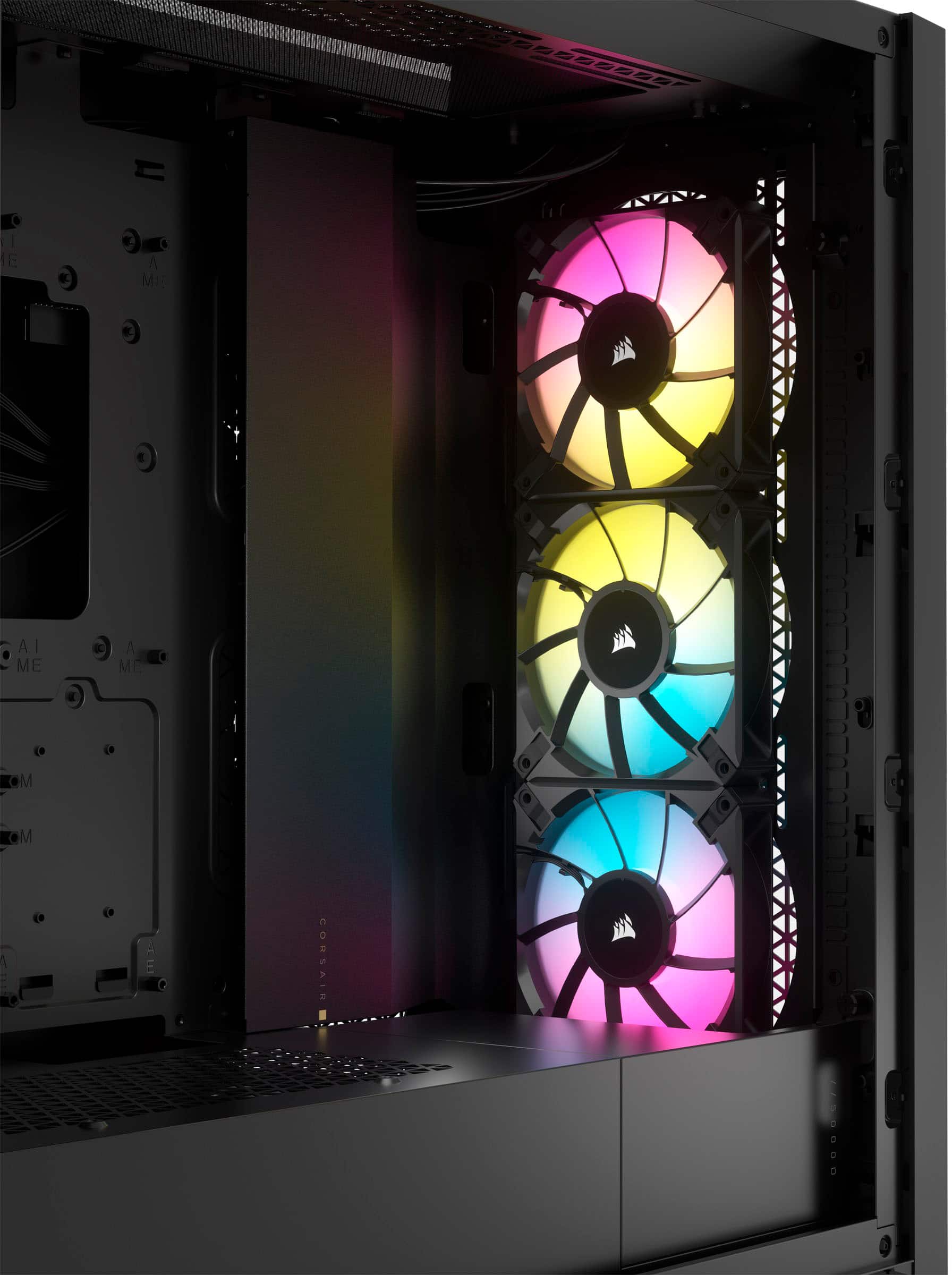 Corsair is the brand of the computer components seen in the image. The components include a computer case, a motherboard, and three fans. The fans are colorful and have a rainbow pattern, adding a vibrant touch to the computer setup.