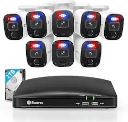 Swann - Home 8 Channel, 8 Bullet Camera with One-Way Audio, Indoor/Outdoor 1080P HD, 1TB HDD Wired DVR Security System - White