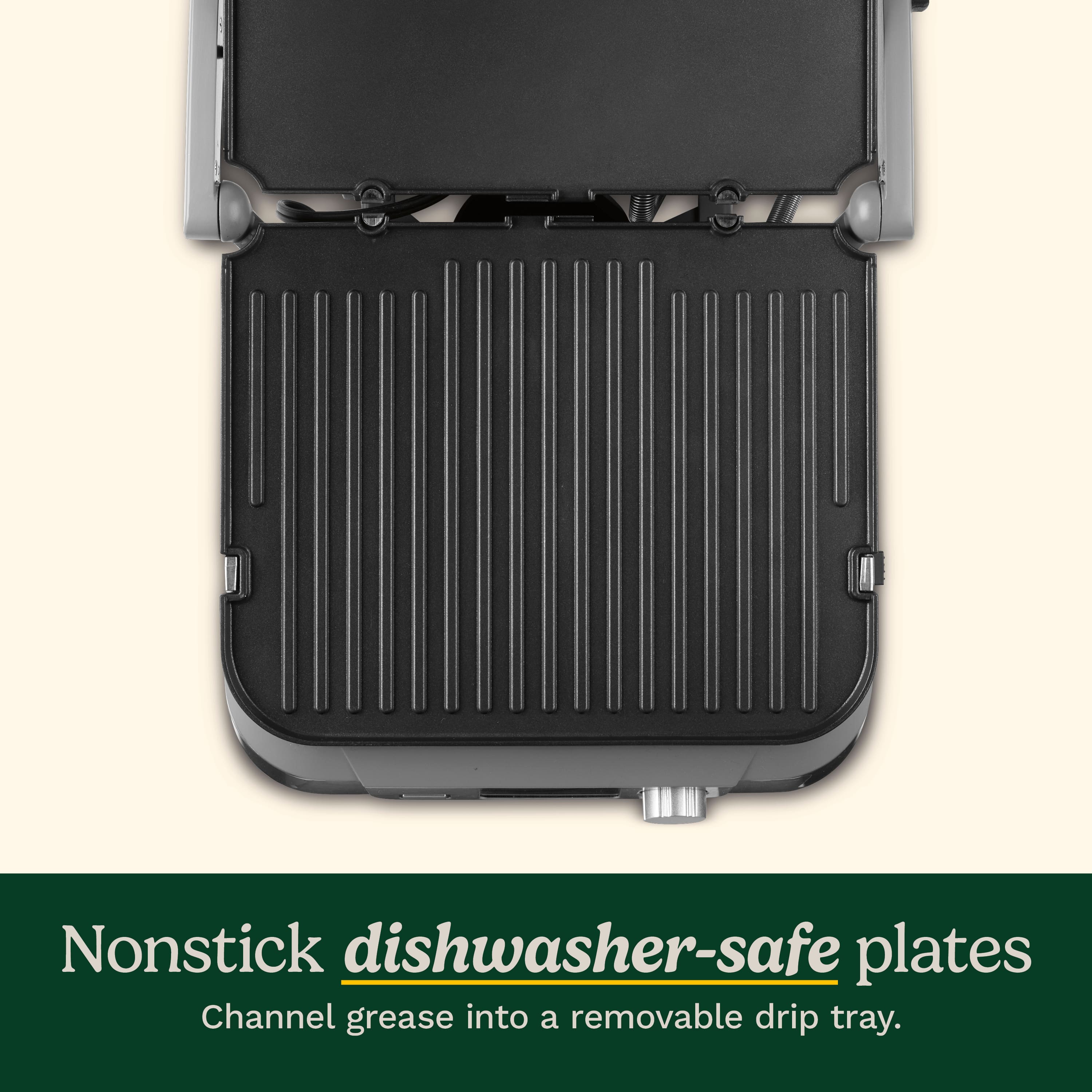 Nonstick dishwasher-safe plates channel grease into a removable drip tray.