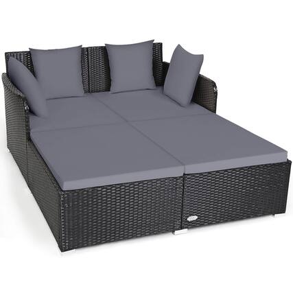 Front. Gymax - Gymax Patiojoy Outdoor Rattan Daybed Pillows Cushioned Sofa Furniture Patio - Grey.