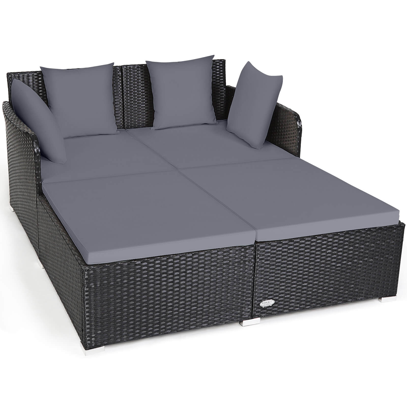 Front. Gymax - Gymax Patiojoy Outdoor Rattan Daybed Pillows Cushioned Sofa Furniture Patio - Grey.
