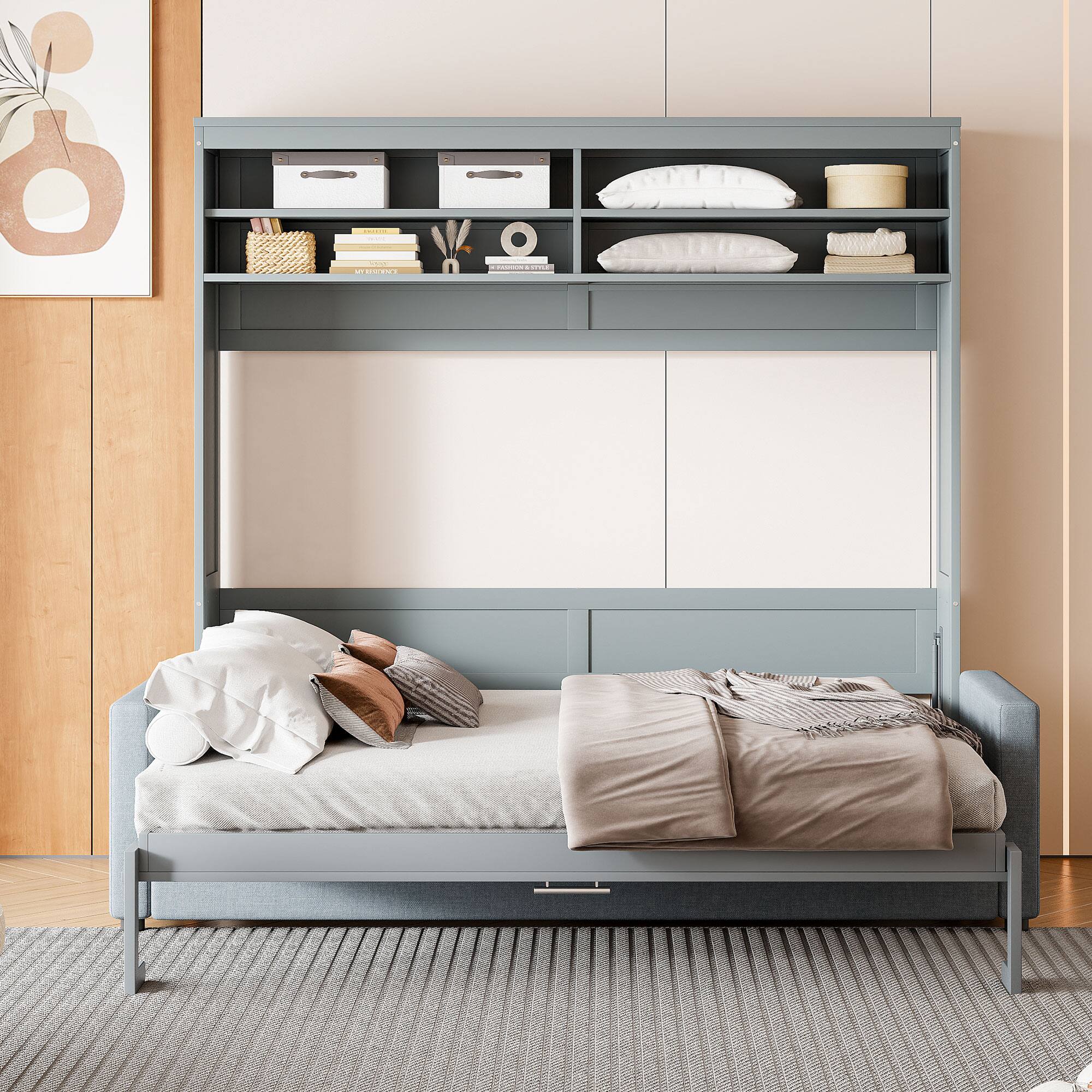 Angle. Tiramisubest - Queen Size Gray Murphy Bed Wall Bed with Sofa, MDF + LVL, Space-Saving & Multifunctional - Gray.