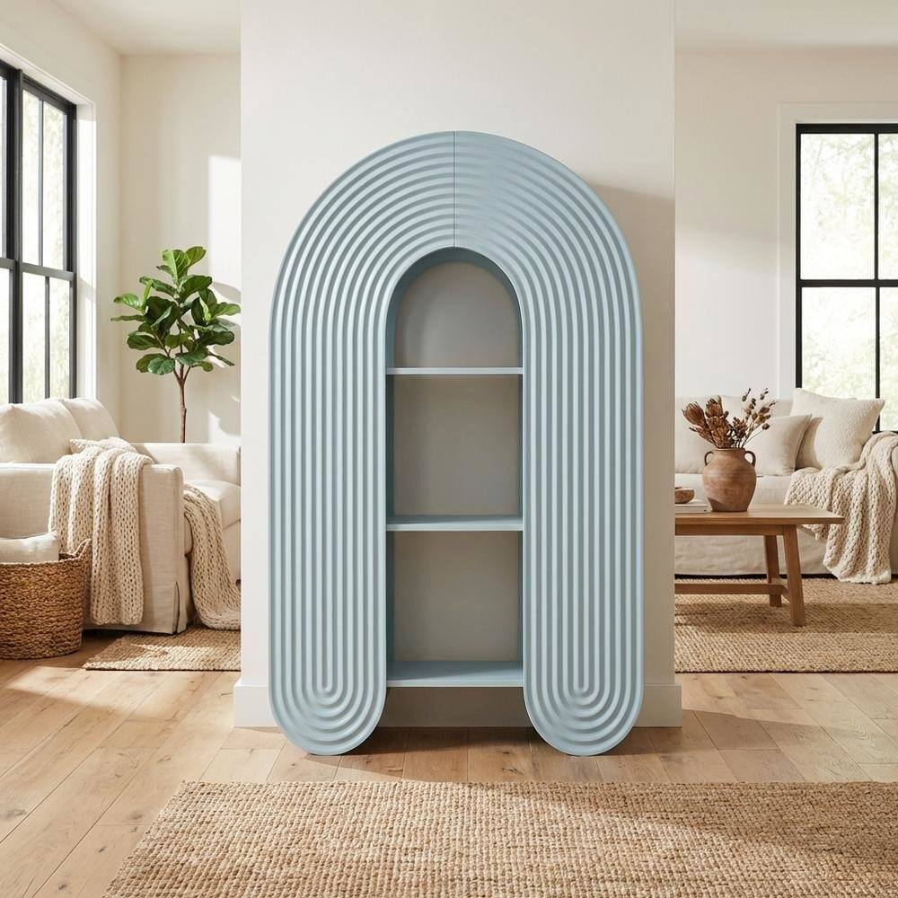 Left. FurniFact - Blue arched bookshelf with spacious shelves and nylon textile finish - Blue.