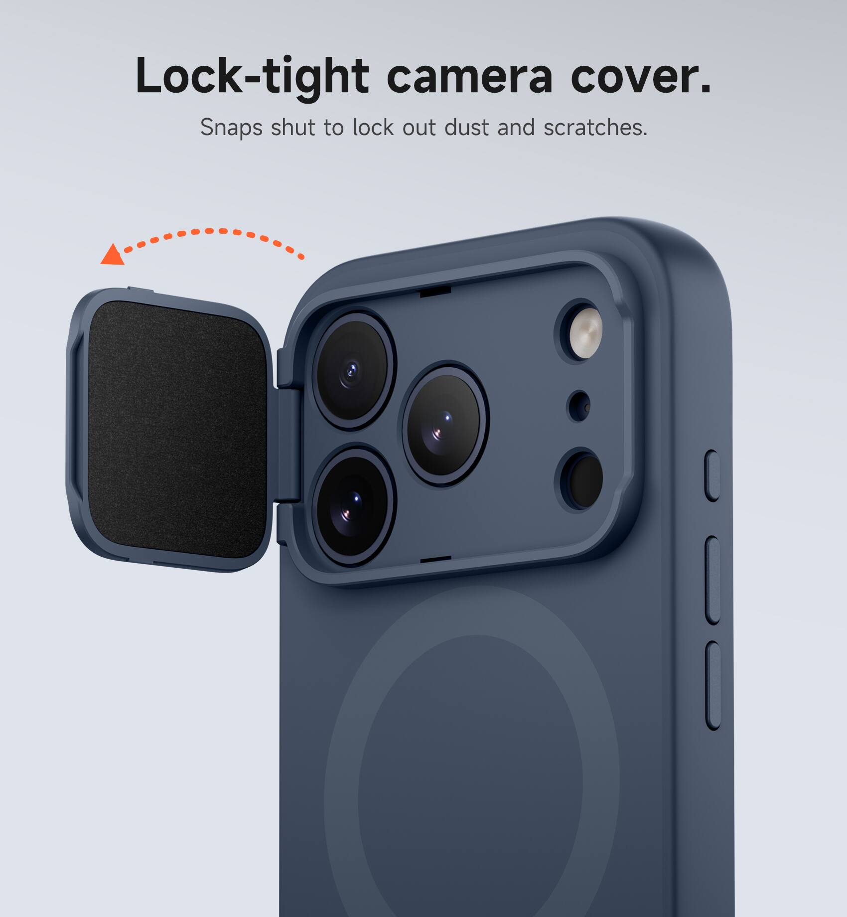 Lock-tight camera cover. Snaps shut to lock out dust and scratches.